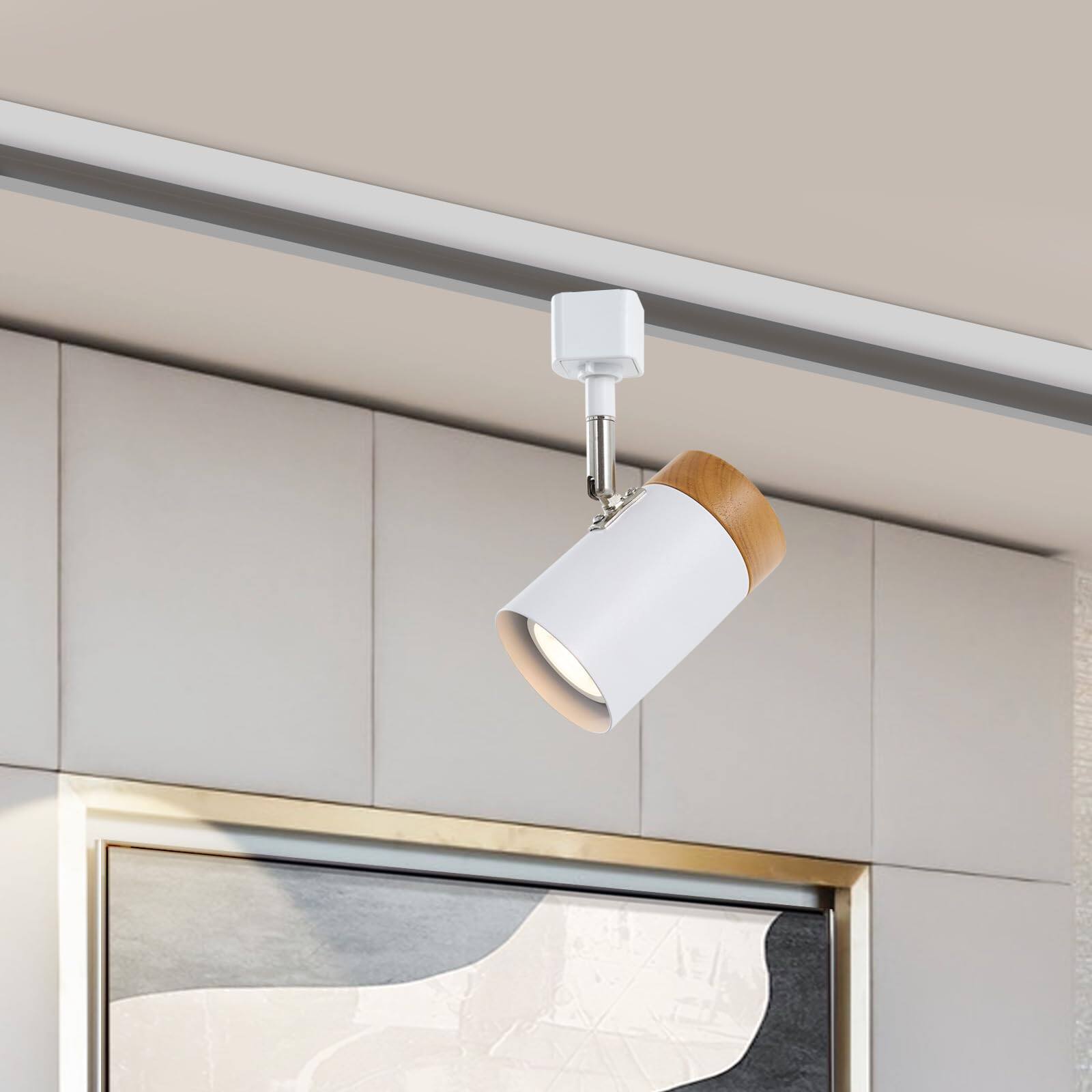 Angle. Dazzed Corner - 6 Pack H-Type Track Lighting Heads, Natural Solid Wood with Matte White Lampshade - White.