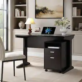 RYHNUYNE - Compact Home Office Desk, 47.25 Inch Work Surface, Red Cocoa Finish, Detached Mobile File Cabinet on Locking Wheels - Espresso