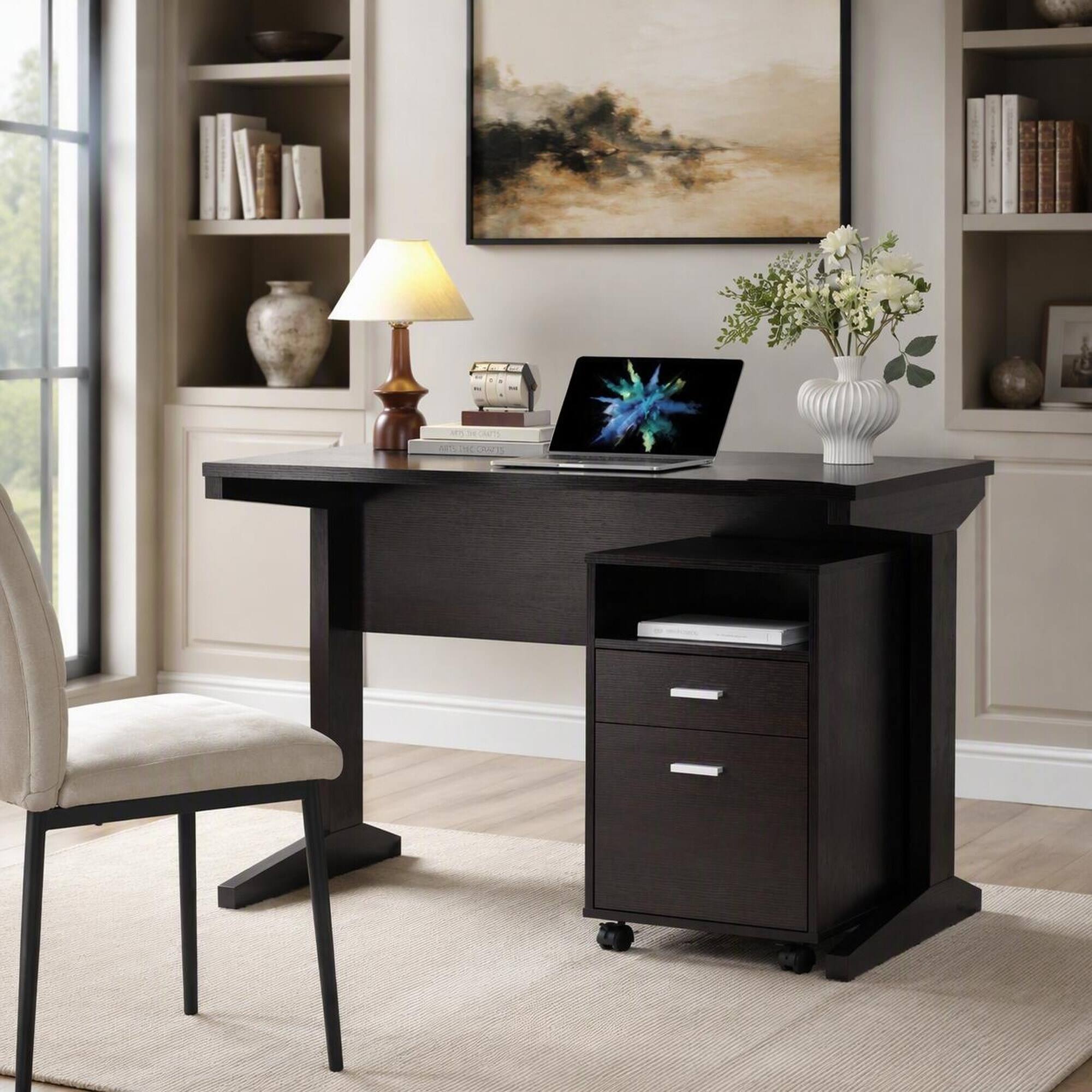 Front. RYHNUYNE - Compact Home Office Desk, 47.25 Inch Work Surface, Red Cocoa Finish, Detached Mobile File Cabinet on Locking Wheels - Espresso.