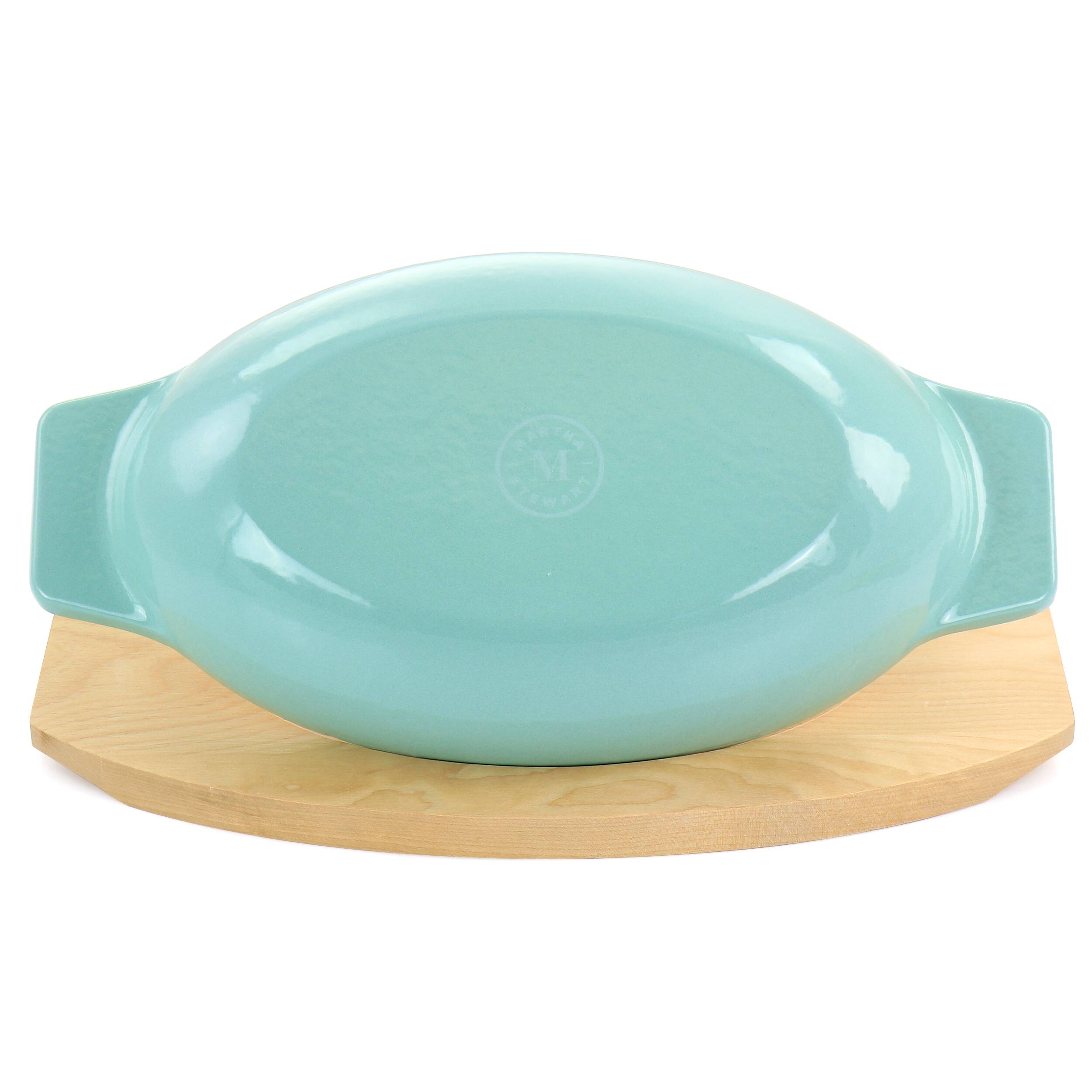 Alt View 4. Martha Stewart - Martha Stewart 2 Piece Enameled Cast Iron Oval Casserole Birch Wood Trivet Set in Aqua - Aqua.