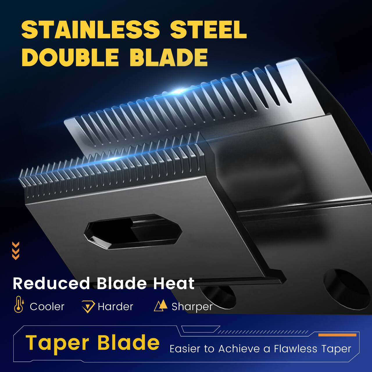 STAINLESS STEEL DOUBLE BLADE

Reduced Blade Heat
Cooler
Harder
Sharper

Taper Blade
Easier to Achieve a Flawless Taper