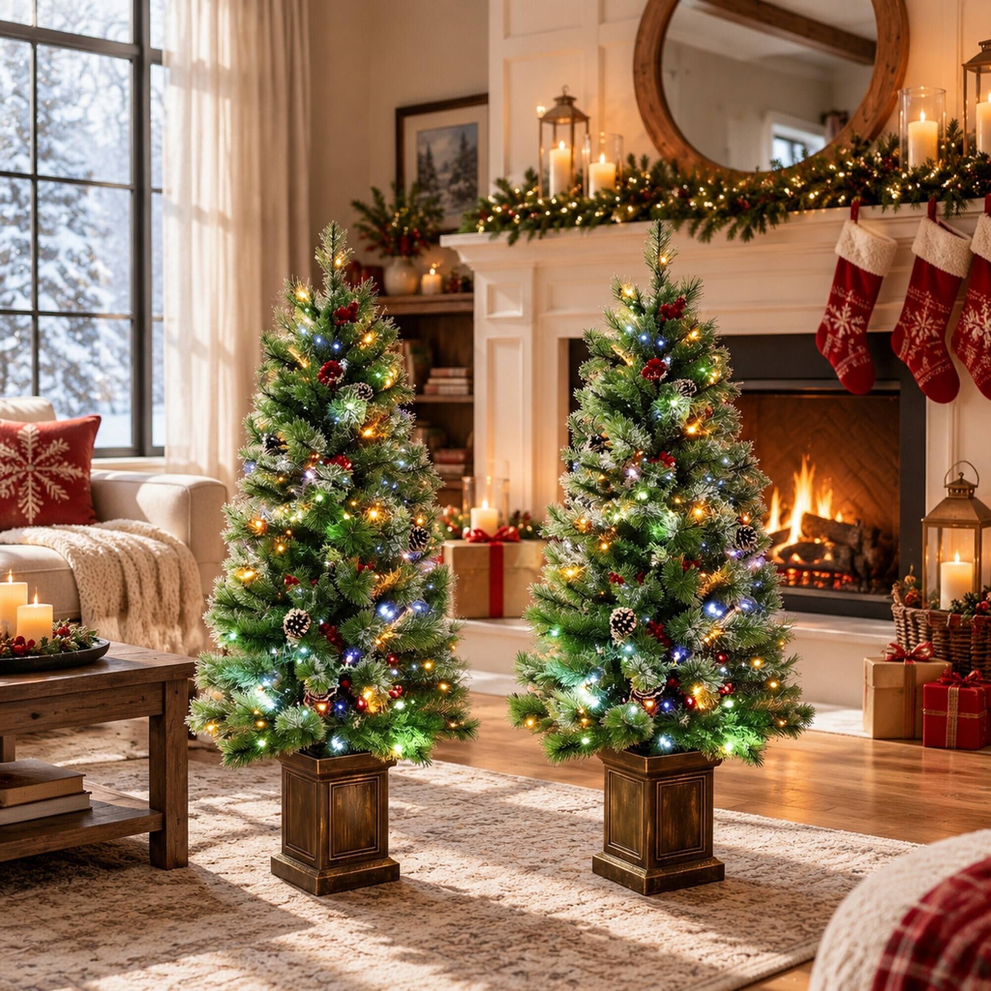 Angle. RYHNUYNE - 4FT Pre-Lit Green Pine Christmas Tree Set of 2 With Dual-Color LED Lights and Remote Control - Green.