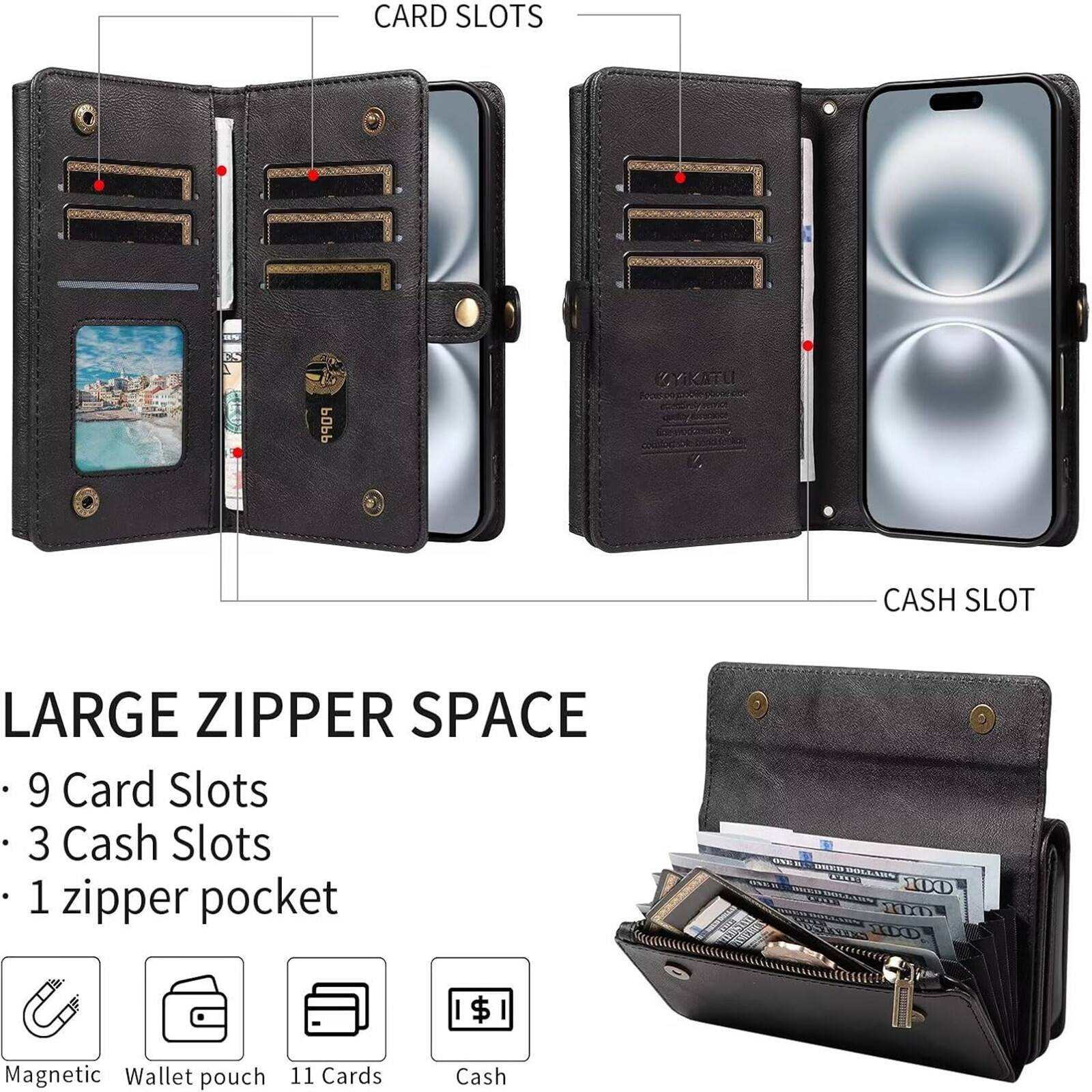 CARD SLOTS POPP CAGKATU CASH SLOT LARGE ZIPPER SPACE  
9 Card Slots  
3 Cash Slots  
1 zipper pocket  

10m USEE CE PORAANN  
100 10m0 00 I $ I Magnetic Wallet pouch  
11 Cards Cash  

LARGE ZIPPER SPACE  
- 9 Card Slots  
- 3 Cash Slots  
- 1 zipper pocket  

Magnetic  
Wallet pouch  
11 Cards  
Cash