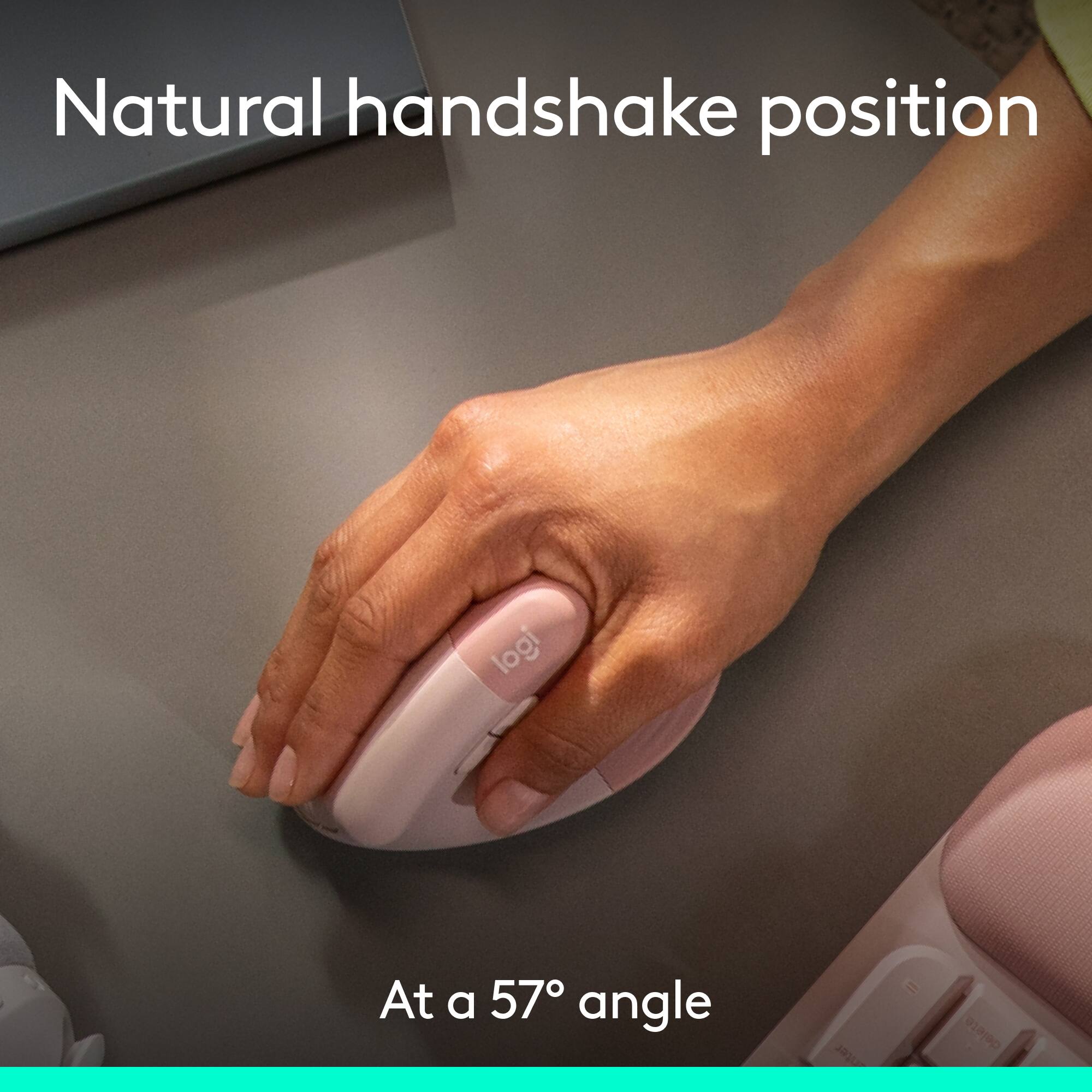Natural handshake position logi At a 57° angle
