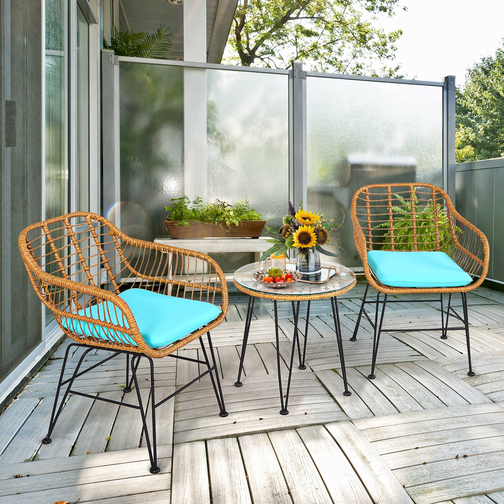 Alt View 1. Costway - Costway 3PCS Patio Rattan Bistro Furniture Set Cushioned Chair Table - Turquoise.