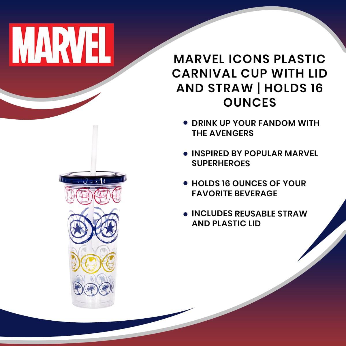 MARVEL ICONS PLASTIC CARNIVAL CUP WITH LID AND STRAW | HOLDS 16 OUNCES

- DRINK UP YOUR FANDOM WITH THE AVENGERS
- INSPIRED BY POPULAR MARVEL SUPERHEROES
- HOLDS 16 OUNCES OF YOUR FAVORITE BEVERAGE
- INCLUDES REUSABLE STRAW AND PLASTIC LID