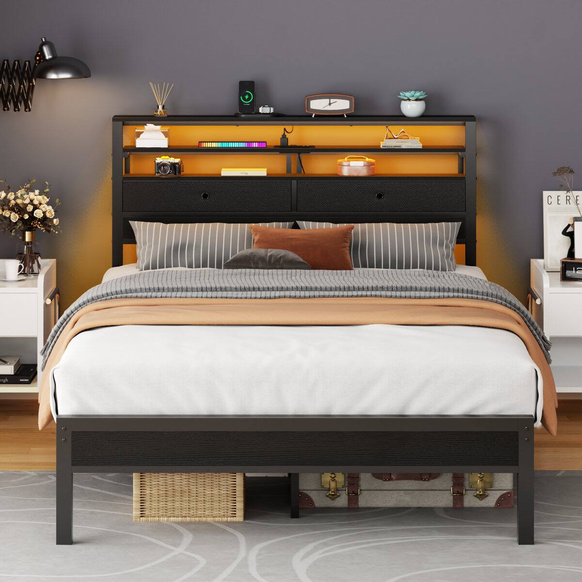 Angle. Furnulem - Bed Frame With RGB Led Lights Bed With Headboard Charging Station Black Oack - Black.