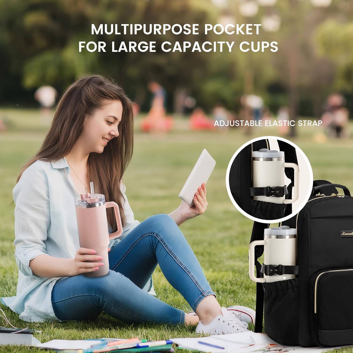 MULTIPURPOSE POCKET FOR LARGE CAPACITY CUPS  
ADJUSTABLE ELASTIC STRAP