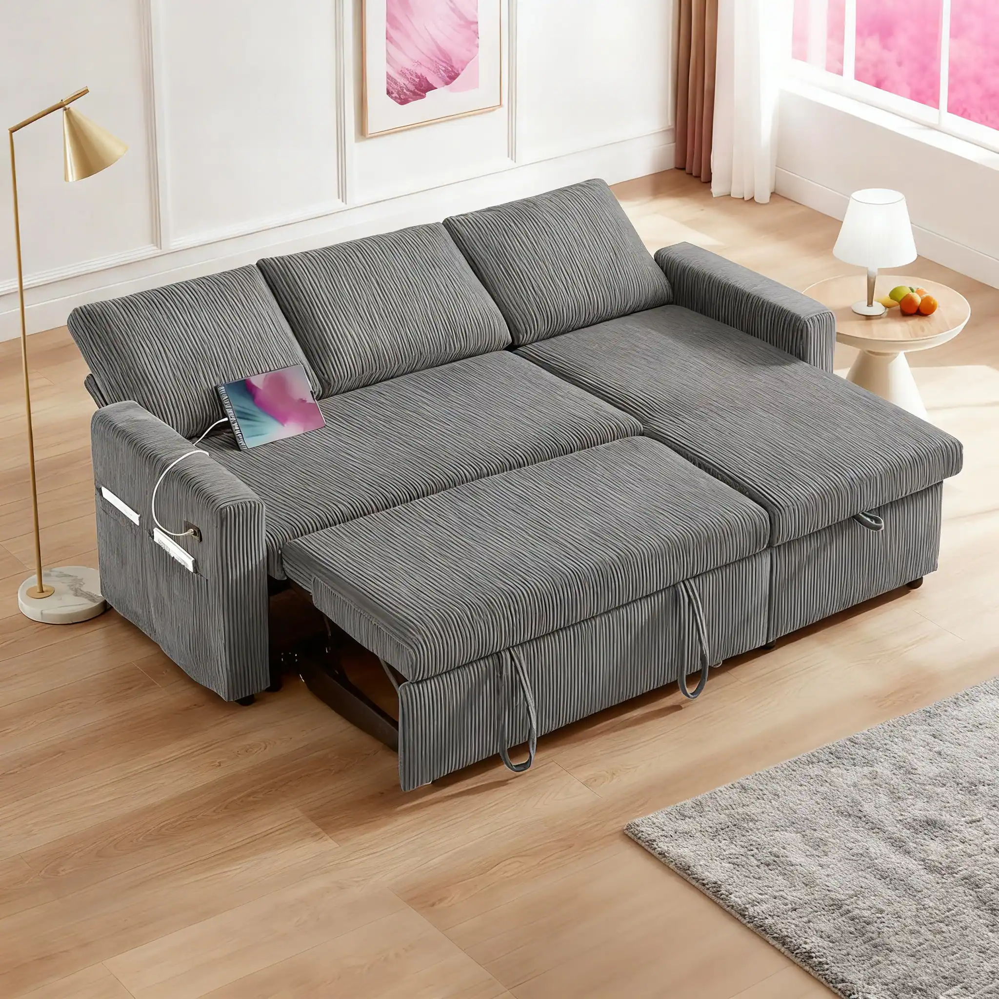 Front. Vipbear - 81" L Shaped Sleeper Sofa Bed with Pull Out Bed Reclining Backrest, Storage Chaise, USB Ports, Tool-Free Assembly - Dark Gray.