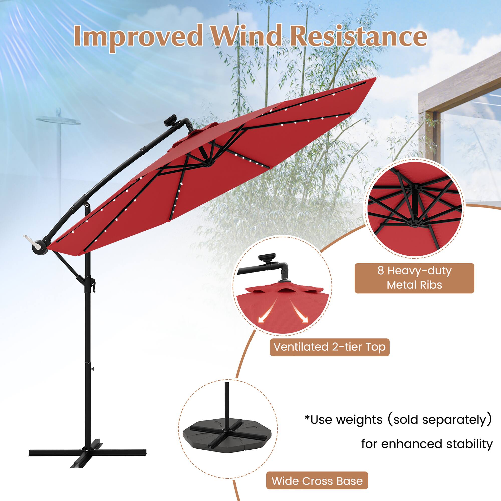 Improved Wind Resistance, 8 Heavy-duty Metal Ribs, Ventilated 2-tier Top, *Use weights (sold separately) for enhanced stability, Wide Cross Base