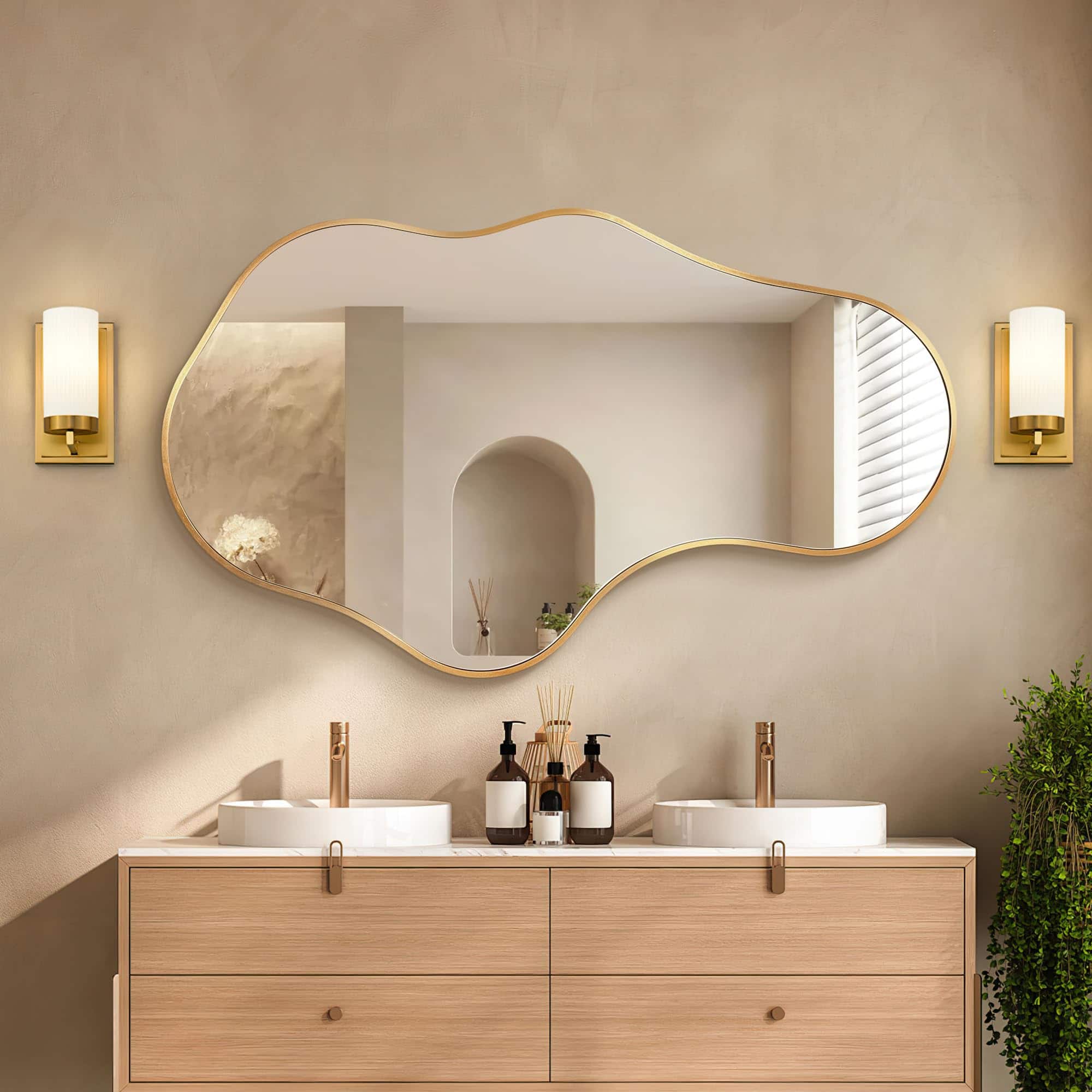 TECH SAFARI - Irregular Wall Mirror Abstract Asymmetrical Mirrors For Decorative Cloud Wavy Bathroom Bedroom Cloakroom En - B-rose Gold 24"L x 40"W