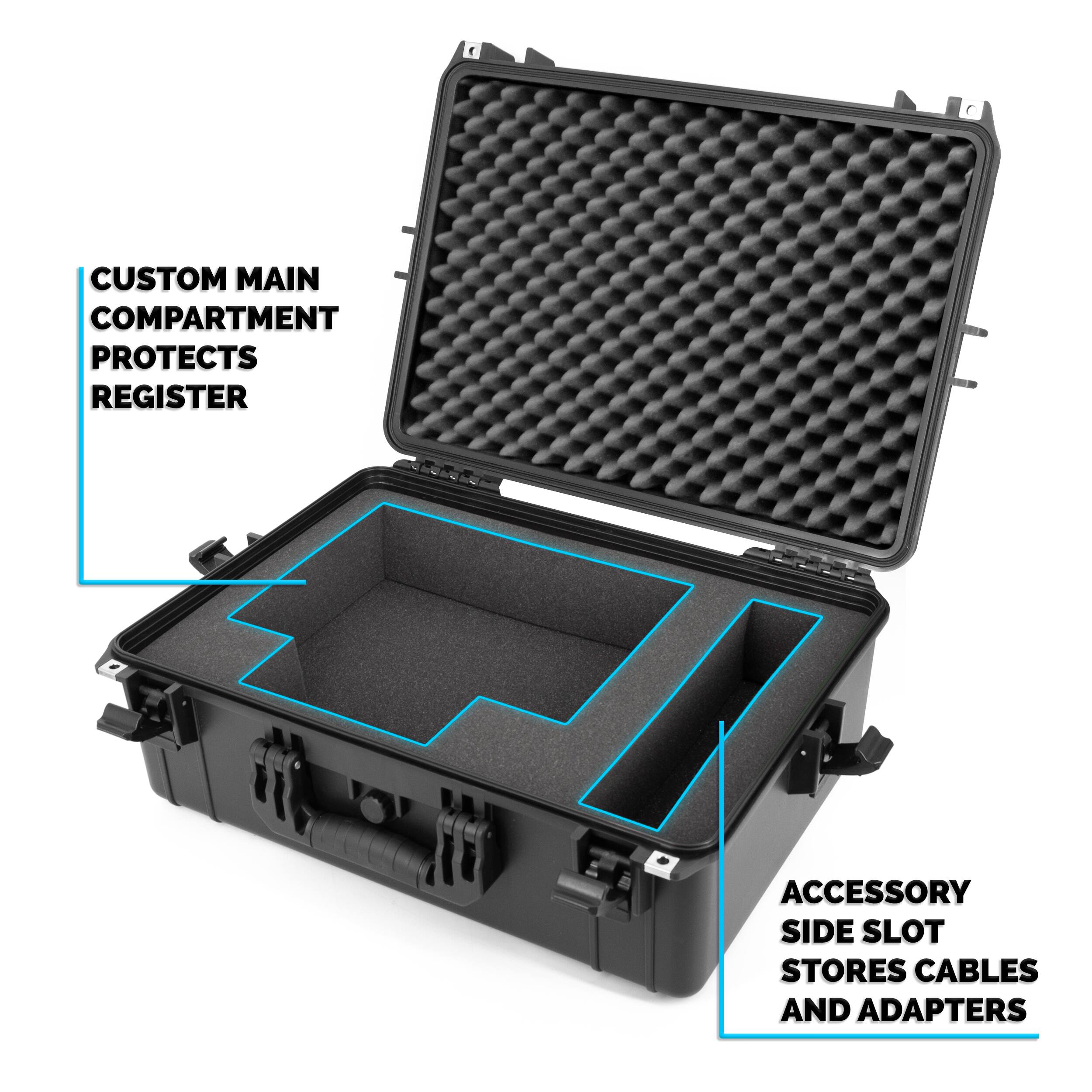 CUSTOM MAIN COMPARTMENT PROTECTS REGISTER

ACCESSORY SIDE SLOT STORES CABLES AND ADAPTERS