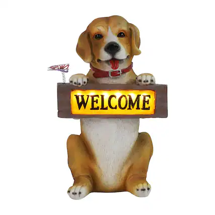 Front. Techko - Barkley the Greeting Puppy Solar Outdoor Garden Statue with Integrated LED Light.