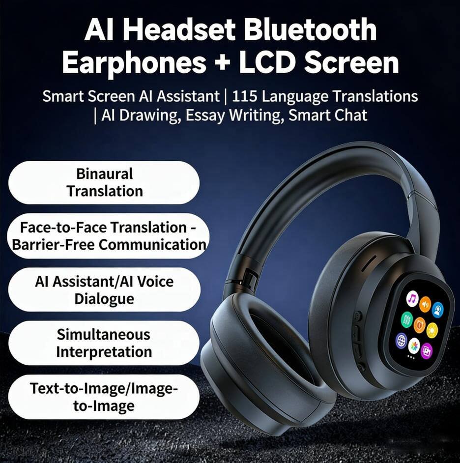AI Headset Bluetooth Earphones + LCD Screen  
Smart Screen AI Assistant | 115 Language Translations | AI Drawing, Essay Writing, Smart Chat  

- Binaural Translation  
- Face-to-Face Translation - Barrier-Free Communication  
- AI Assistant/AI Voice Dialogue  
- Simultaneous Interpretation  
- Text-to-Image/Image-to-Image
