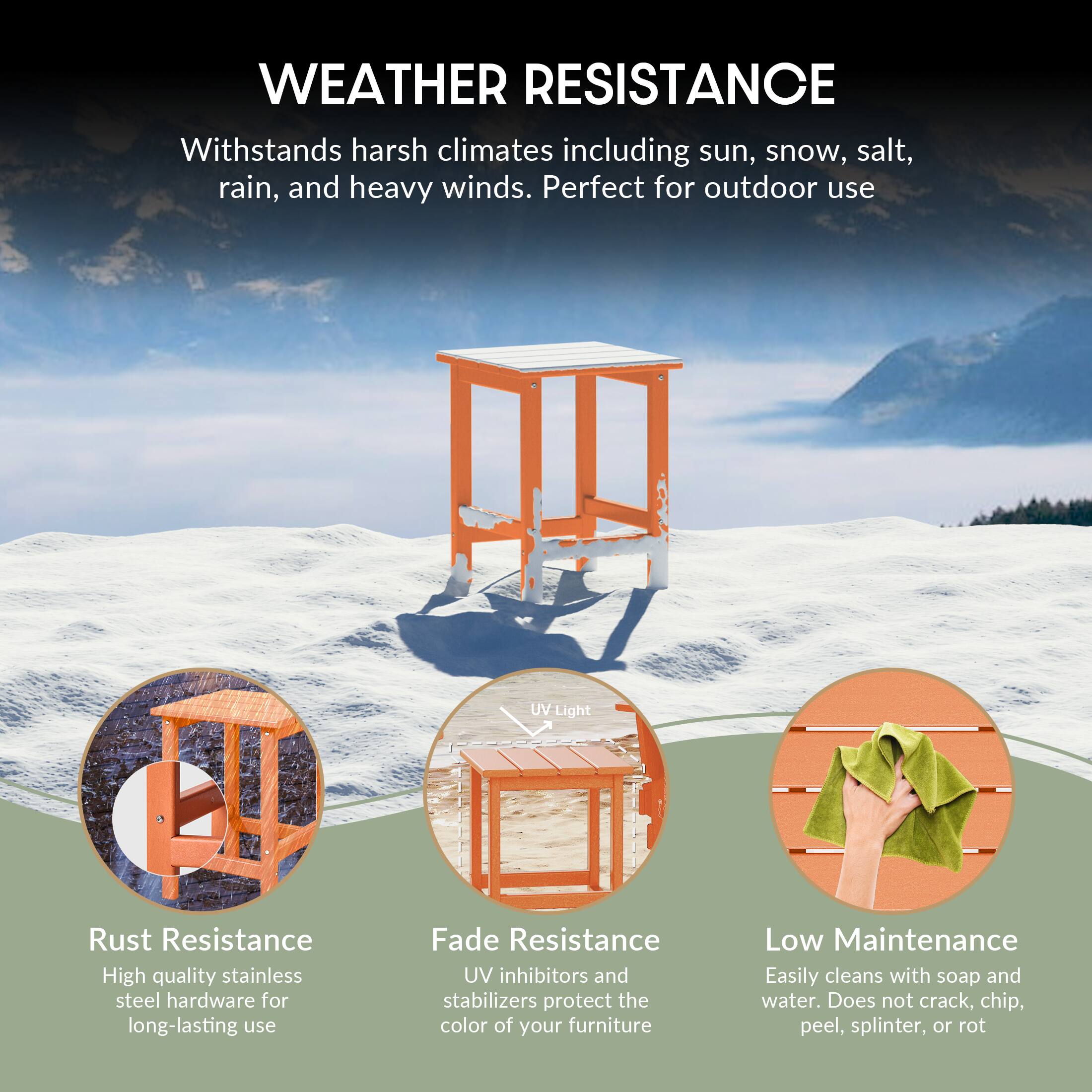WEATHER RESISTANCE  
Withstands harsh climates including sun, snow, salt, rain, and heavy winds. Perfect for outdoor use.

- Rust Resistance  
  High quality stainless steel hardware for long-lasting use

- Fade Resistance  
  UV inhibitors and stabilizers protect the color of your furniture

- Low Maintenance  
  Easily cleans with soap and water. Does not crack, chip, peel, splinter, or rot