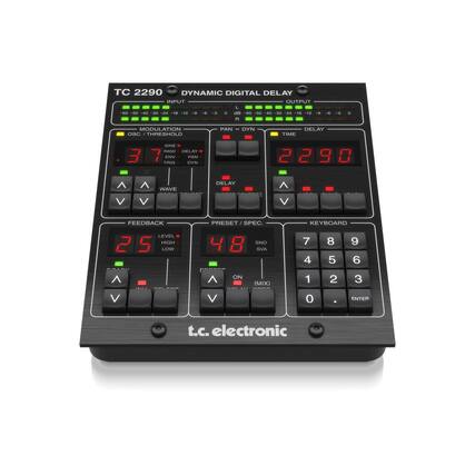 TC 2290 DYNAMIC DIGITAL DELAY
INPUT OUTPUT L -60 -60 -40 -30 24 18 0 dB 60 50 40 30 -24 18 12 R
MODULATION OSC THRESHOLD
PAN
DYN
DELAY TIME
SINE RAND DELAY ENV PAN TRIG DYN
WAVE
DELAY
FEEDBACK LEVEL 5 HIGH LOW
PRESET SPEC. SNO SVA ON (MIX)
KEYBOARD 7 8 9 4 5 6 1 2 3
ENTER
t.c. electronic