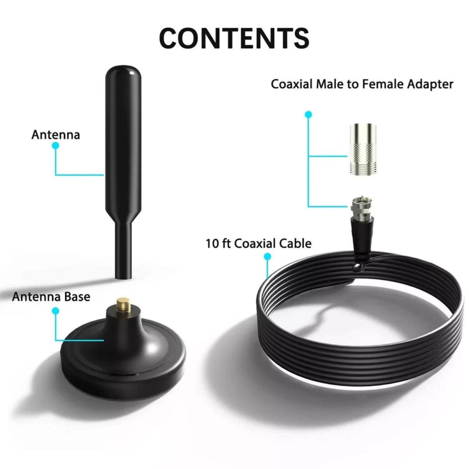CONTENTS

- Antenna
- Antenna Base
- 10 ft Coaxial Cable
- Coaxial Male to Female Adapter