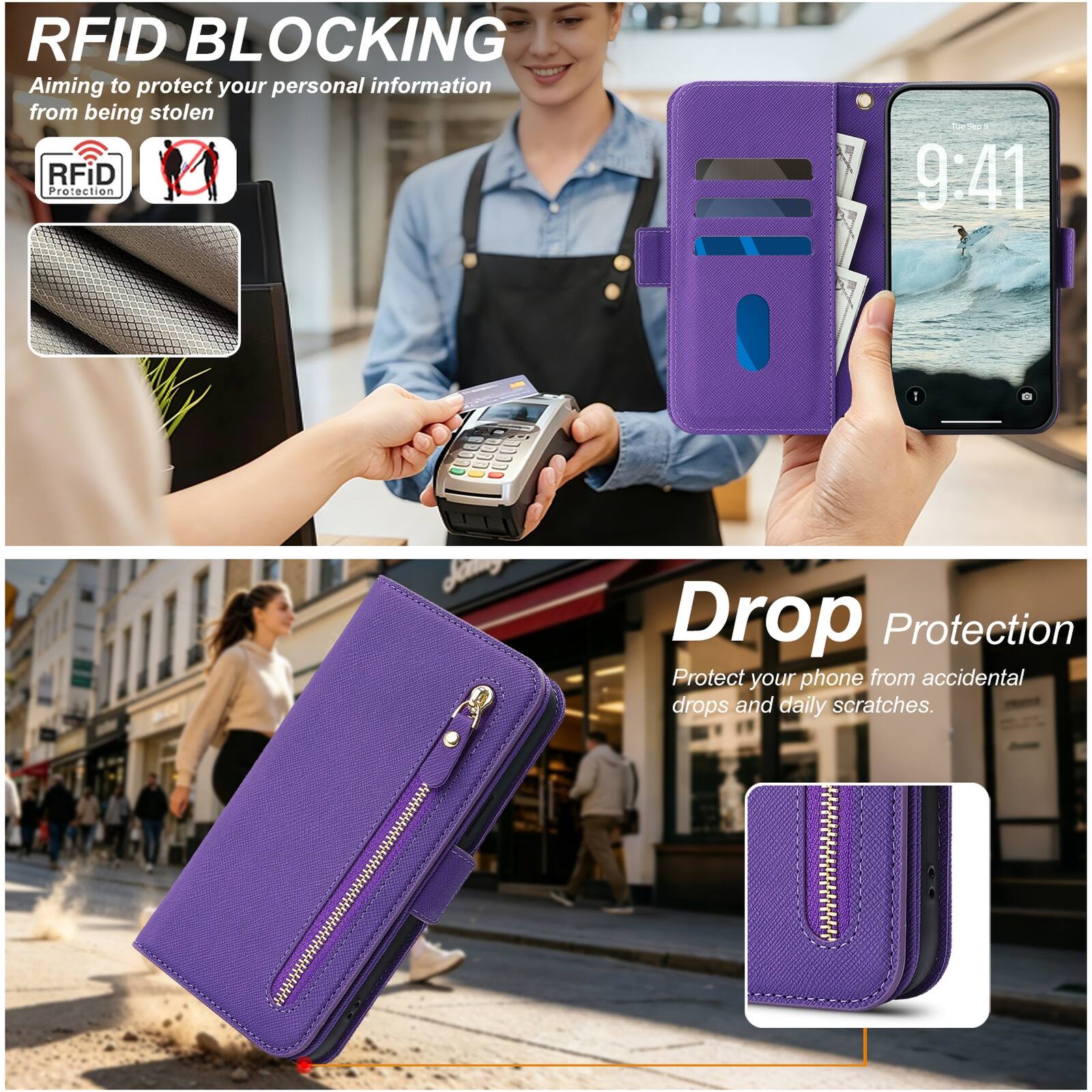 RFID BLOCKING  
Aiming to protect your personal information from being stolen  

Drop Protection  
Protect your phone from accidental drops and daily scratches.