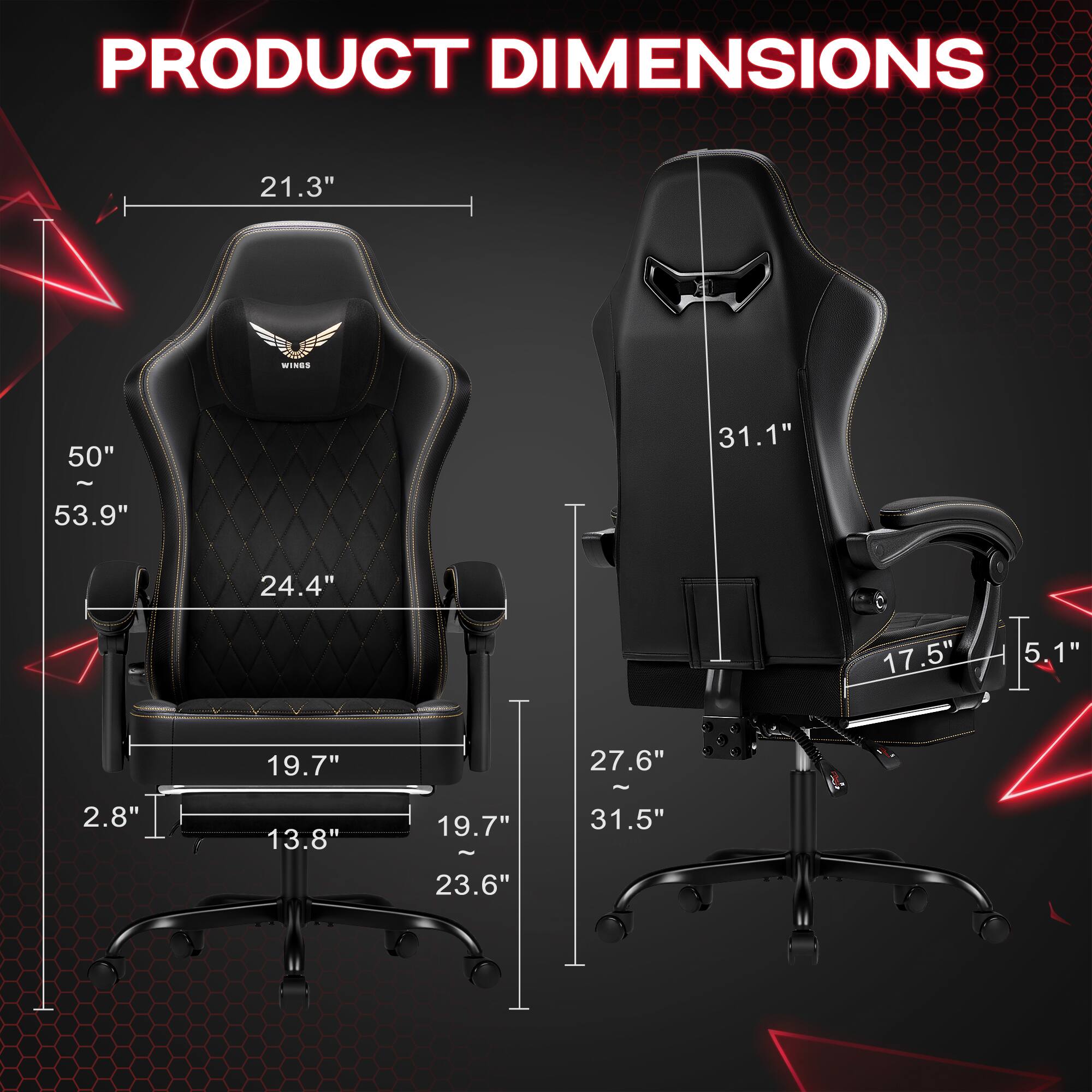 PRODUCT DIMENSIONS

- 21.3"
- 50" ~ 53.9"
- 31.1"
- 24.4"
- 17.5"
- 5.1"
- 19.7"
- 27.6" ~ 31.5"
- 2.8"
- 13.8"
- 19.7" ~ 23.6"