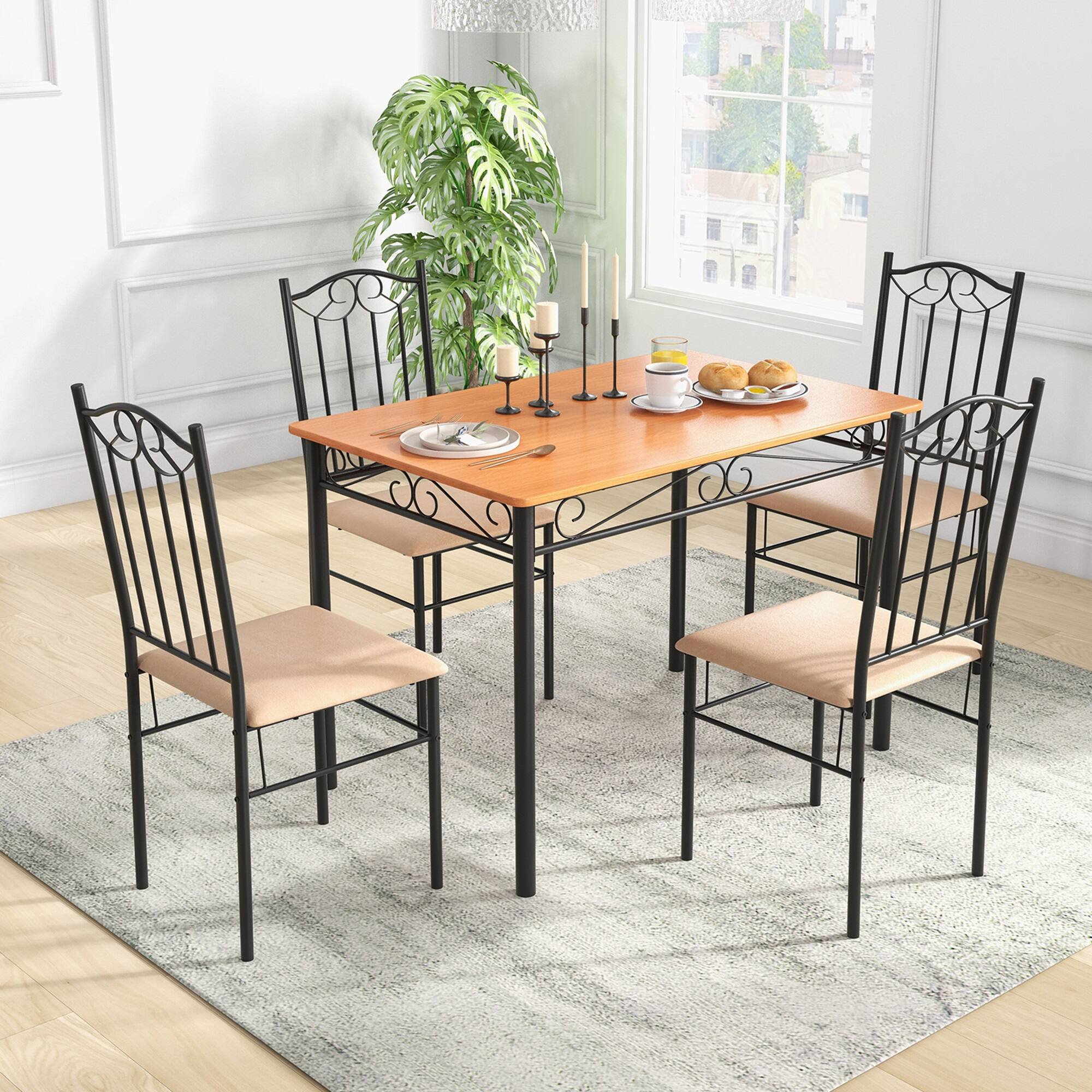 Alt View 3. Costway - 5 PCS Dining Set Wood Metal 30" Table & 4 Chairs Upholstered Kitchen Breakfast Furniture - Brown, Black and Natural.