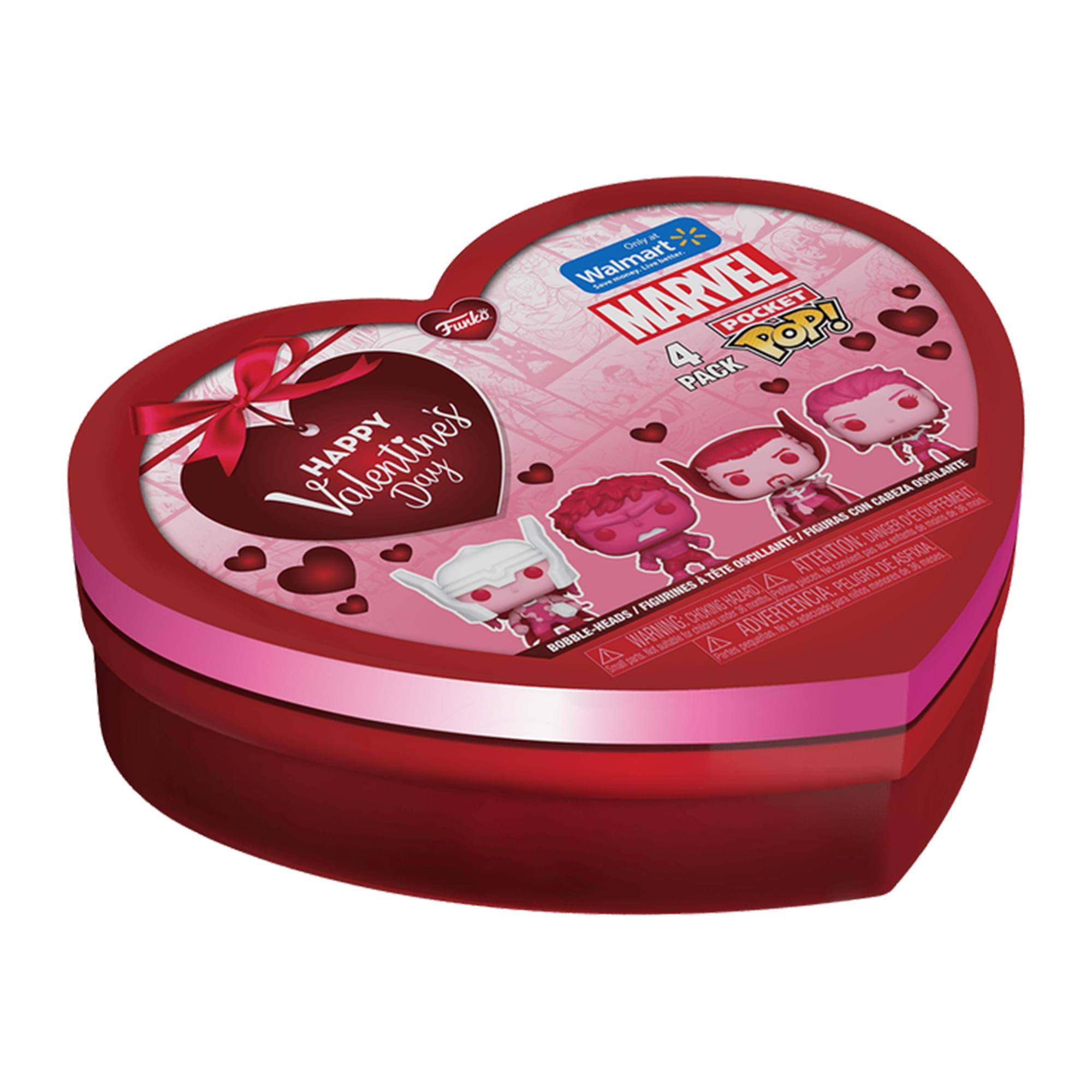 Sure, here is the corrected and grouped text from the image:

---

**Front:**
- Happy Valentine's Day
- Funko
- Walmart
- Marvel
- 4 Pack Pocket Pop!
- 4 Figurines à Tête Oscillante
- 4 Bobble-Heads

**Side:**
- ATTENTION: PELIGRO DE AHOGO
- WARNING: CHOKING HAZARD - SMALL PARTS
- ADVERTENCIA: PELIGRO DE AHOGO - PIEZAS PEQUEÑAS
- 4 Figurines à Tête Oscillante
- 4 Bobble-Heads

**Bottom:**
- Cabezas Oscilantes
- Oscillating Heads

---