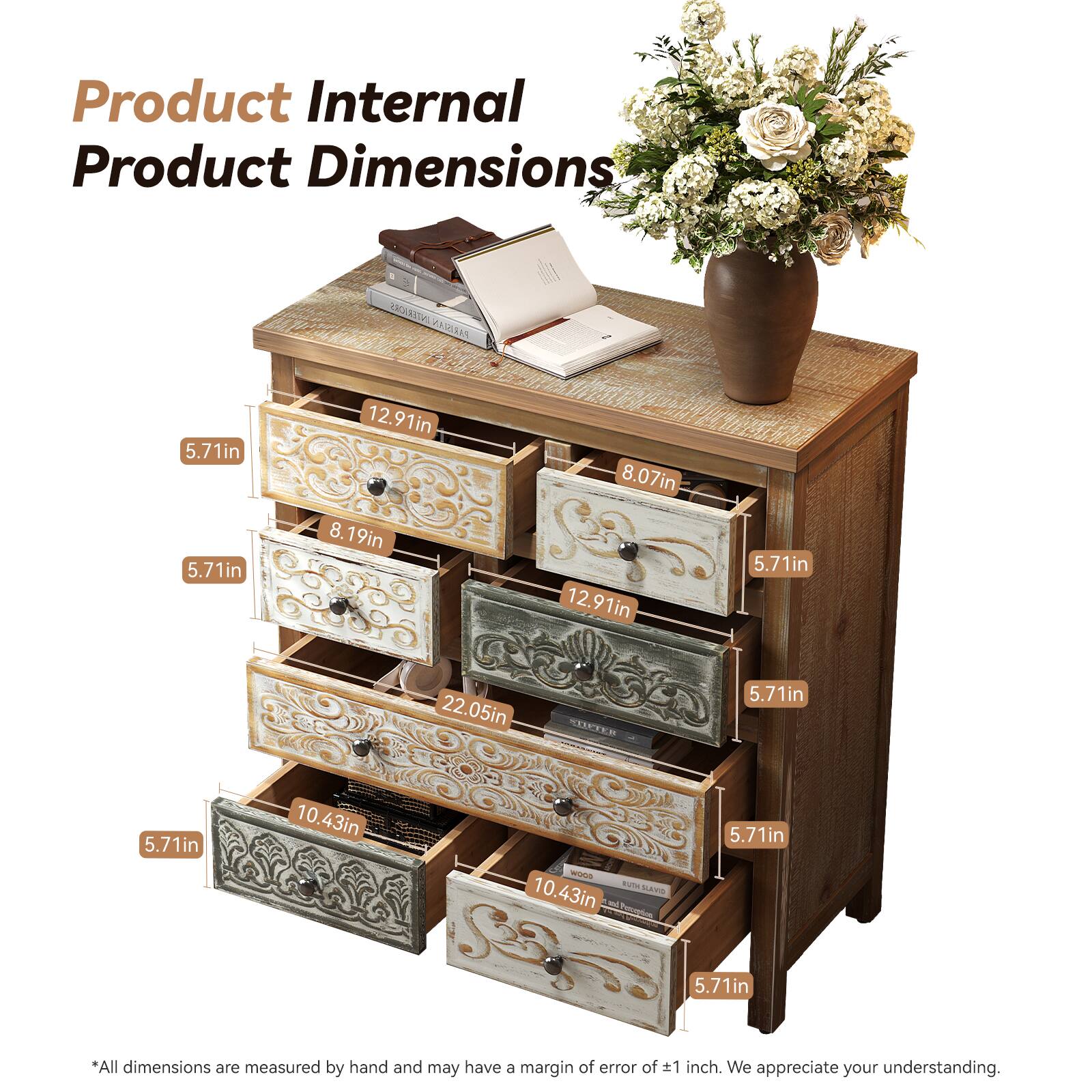 Product Internal Product Dimensions

AGMO xXA  
5.71in 5.71in 12.91in 8.19in 8.07in 12.91in 5.71in 22.05in  
UNED  
5.71in 5.71in 10.43in - o ..e 10.43in  
Tdes  
5.71in 5.71in  

*All dimensions are measured by hand and may have a margin of error of 1 inch. We appreciate your understanding.
