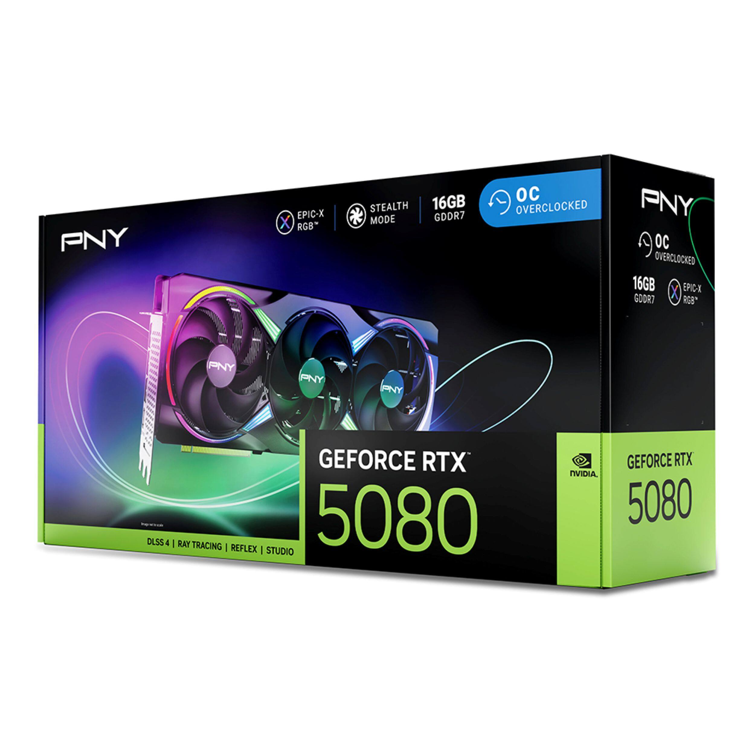 PNY  
EPIC-X RGB  
STEALTH MODE  
16GB GDDR7  
OC OVERCLOCKED  
GEFORCE RTX 5080  
DLSS 4 | RAY TRACING | REFLEX | STUDIO