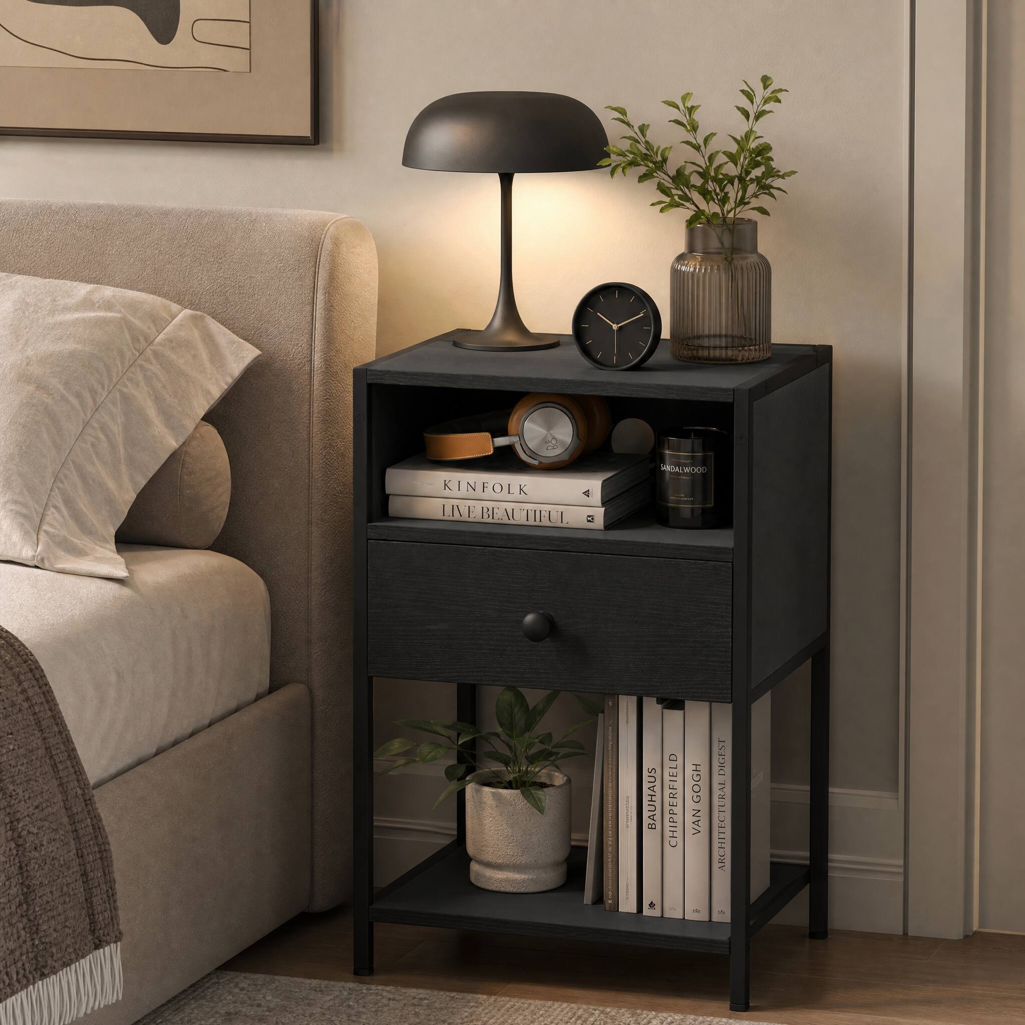 WELLFOR - Nightstand with Charging Station and USB Ports and Outlets - Black