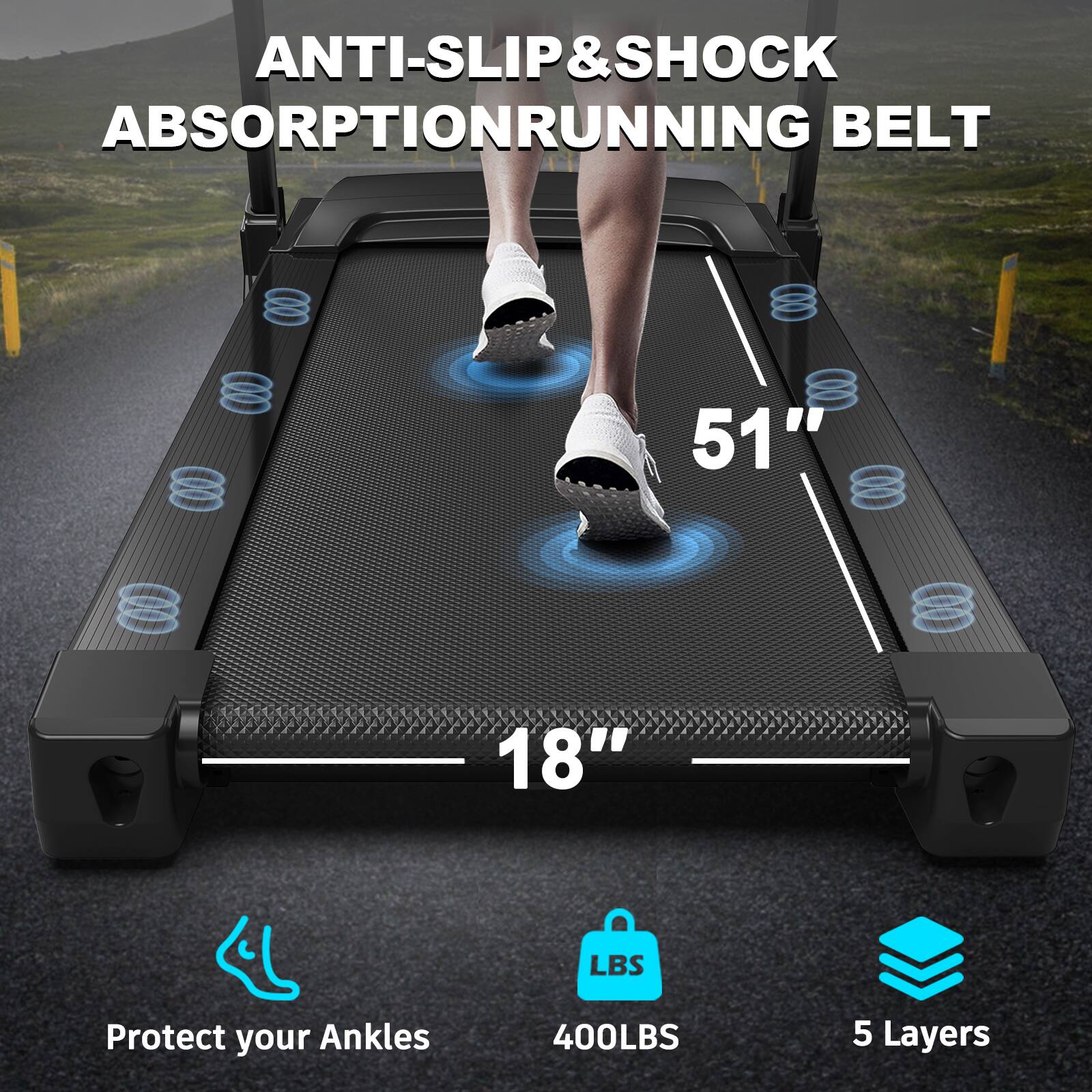 ANTI-SLIP & SHOCK ABSORPTION RUNNING BELT

51"  
18"

Protect your Ankles  
400LBS  
5 Layers