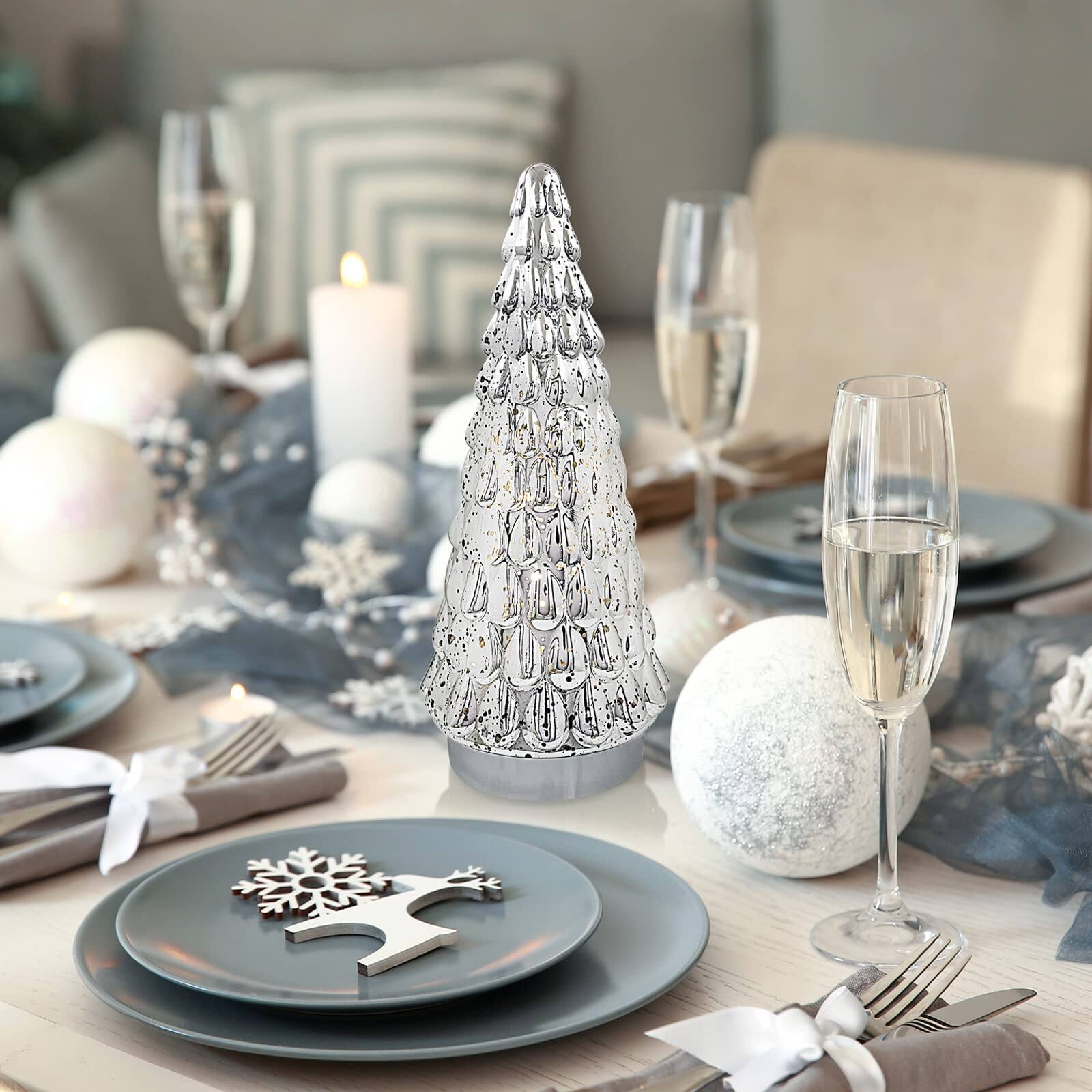 Alt View 3. Alchemy Casas - Mercury Glass Christmas Tree Small Tabletop Light Operated Mini Xmas Fireplace Bathroom Decor glass decoration - Silver.