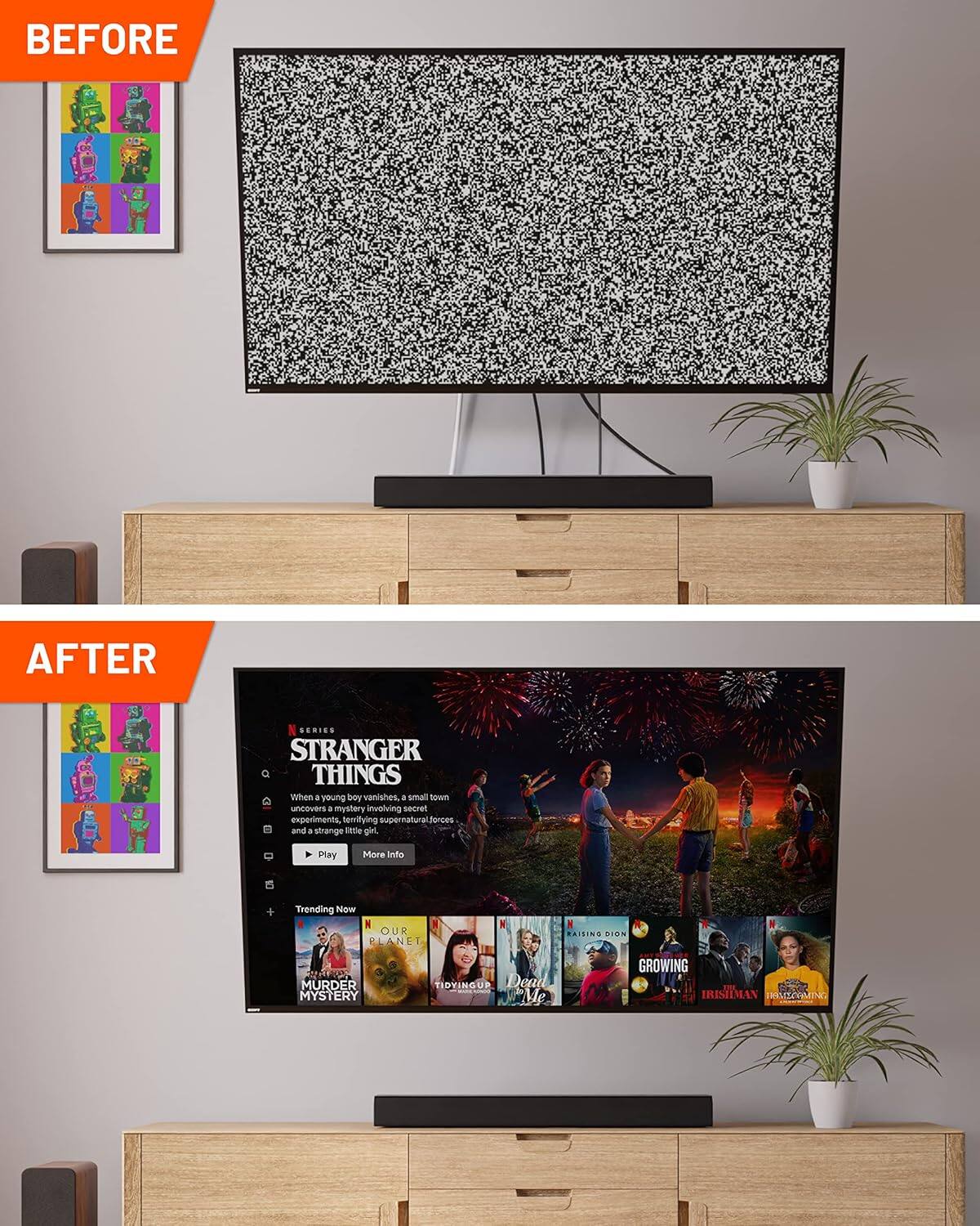 **Before:**
A TV screen with a distorted, unreadable image.

**After:**
A TV screen displaying a streaming service interface with a clear image of a show titled "Stranger Things." The description reads: "When a young boy vanishes, a small town uncovers a mystery involving secret experiments, terrifying supernatural forces, and a strange little girl." Other shows like "Our Planet," "Raising Dion," "Deutschland 83," "Tidying Up," and "Hulk" are also visible.