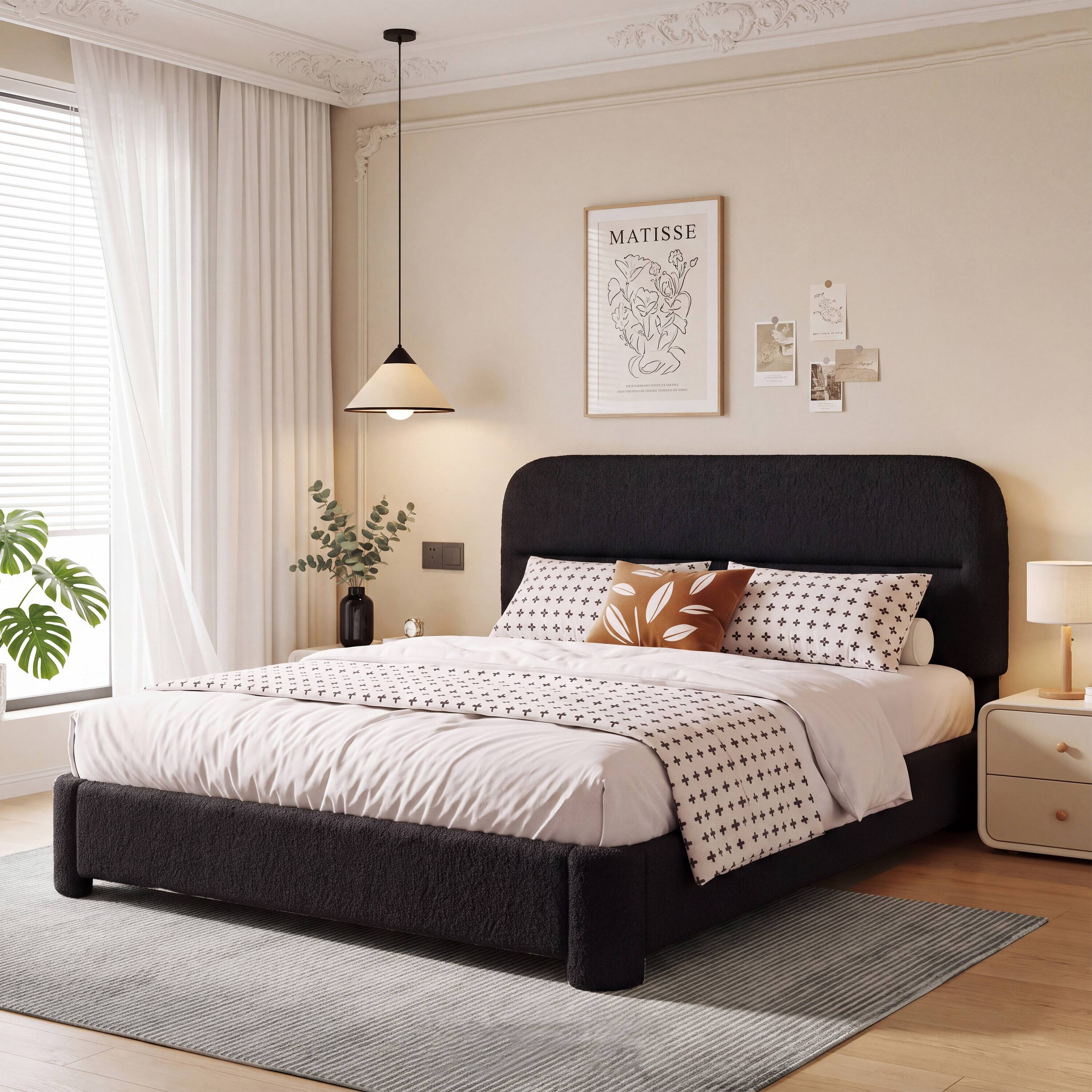 Left. Vipbear - F/Q/K Upholstered Platform Bed Frame | Height Adjustable Headboard, No Box Spring Needed, Works with 8–14" Mattresses - Black.