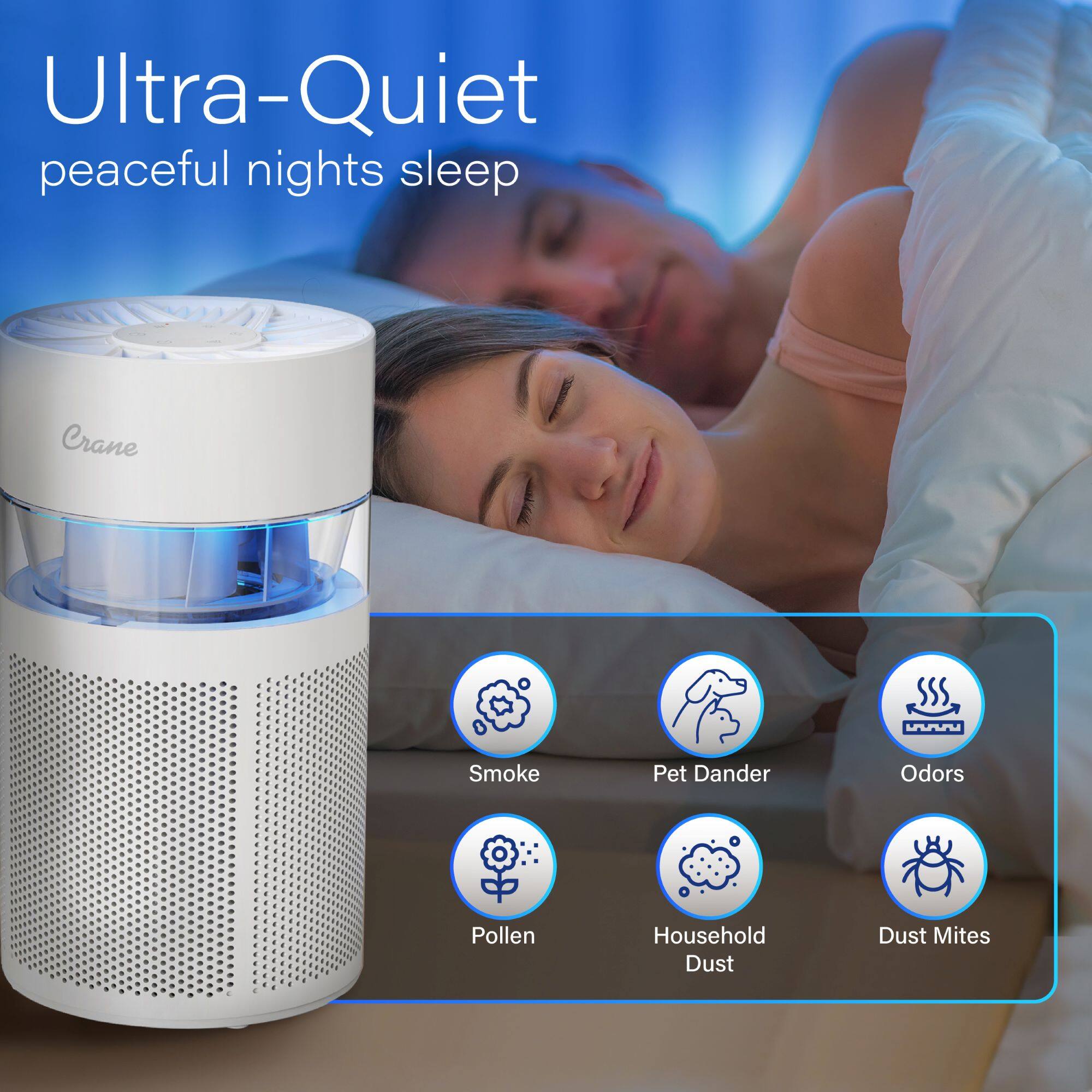 Ultra-Quiet  
peaceful nights sleep  

Smoke  
Pet Dander  
Odors  
Pollen  
Household Dust  
Dust Mites