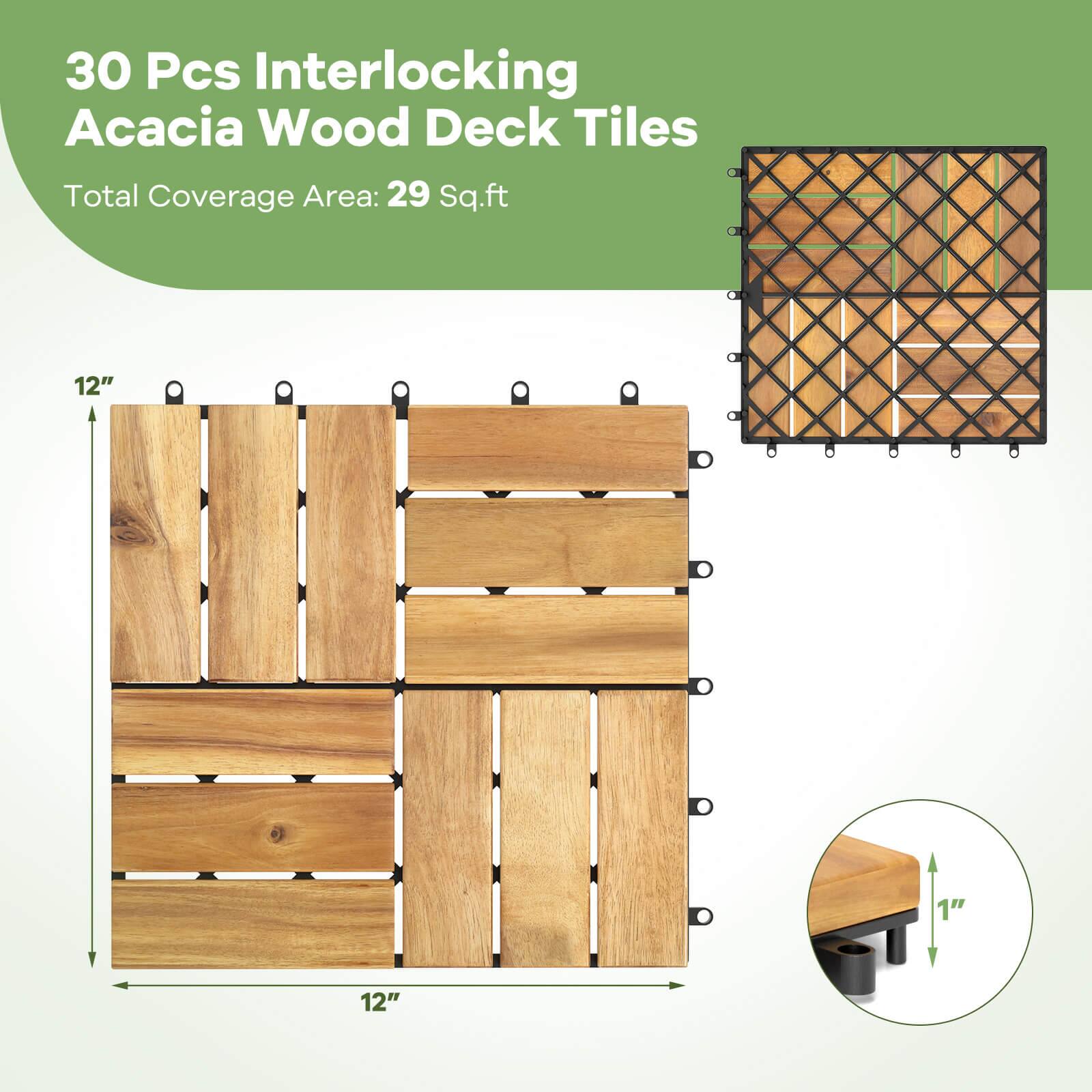 30 Pcs Interlocking Acacia Wood Deck Tiles  
Total Coverage Area: 29 Sq.ft  
12" x 12"