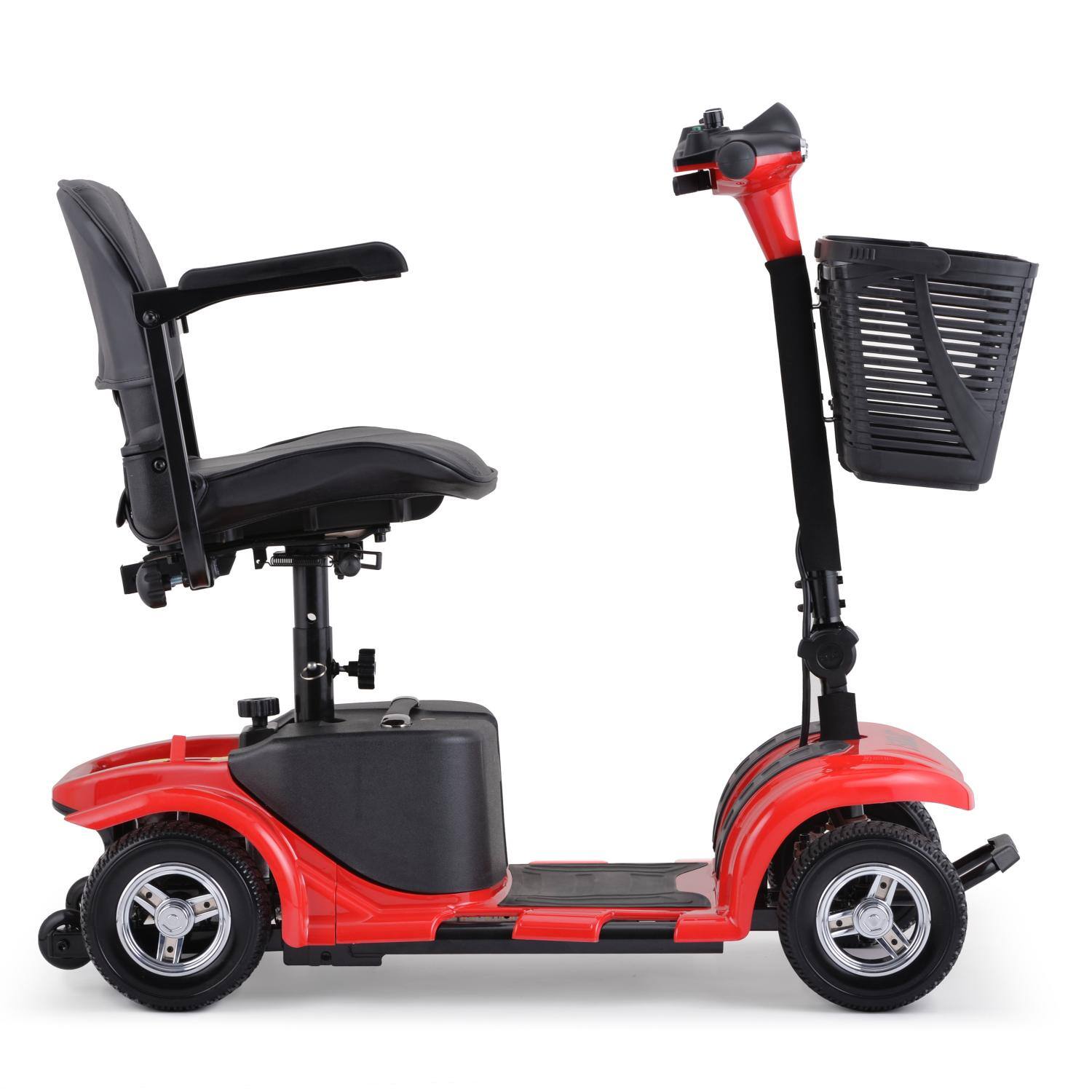 Angle. Hover Heart - Foldable Electric Scooter for Seniors, with LED Headlights, Storage Basket & Rechargeable Battery,10 Mile Long Range - Red.