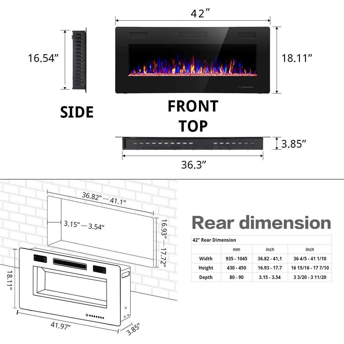 Sure, here is the corrected and grouped text:

---

**Front Top:**
- 42"
- 18.11"
- 3.85"
- 36.3"

**Side:**
- 16.54"

**Rear Dimension:**
- Width: 935 - 1045 mm (36.82" - 41.1" / 36 4/5" - 41 1/10")
- Height: 430 - 450 mm (16.93" - 17.7" / 16 15/16" - 17 7/10")
- Depth: 80 - 90 mm (3.15" - 3.54" / 3 3/20" - 3 11/20")

**Additional Dimensions:**
- 36.82" - 41.1"
- 3.15" - 3.54"
- 16.93" - 17.72"
- 41.97