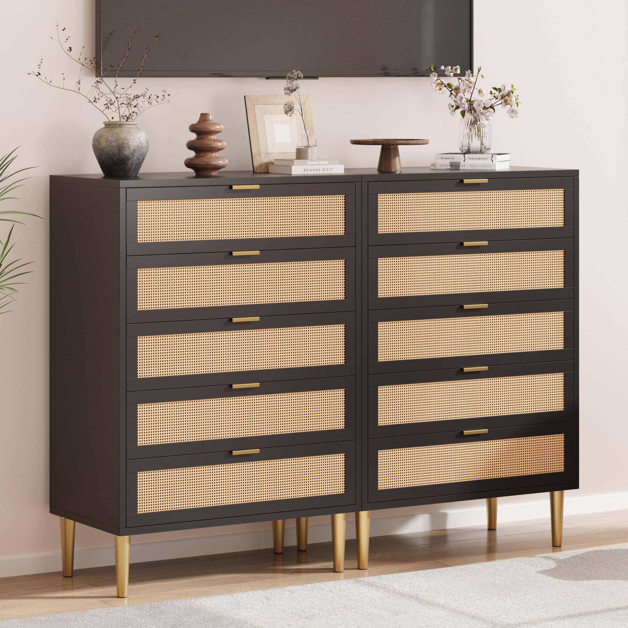 Alt View 2. GARVEE - Rattan 5 Drawer Dresser, 44'' Tall Narrow Chest, Farmhouse Vertical Dresser with Metal Legs and Handles - Black.