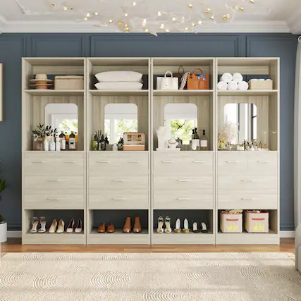 Front. Aheaplus - 100 Inch Sturdy Wardrobe System with 16 Drawers and Mirrors, Modular Closet System for Closet/Bedroom - Beige Oak.