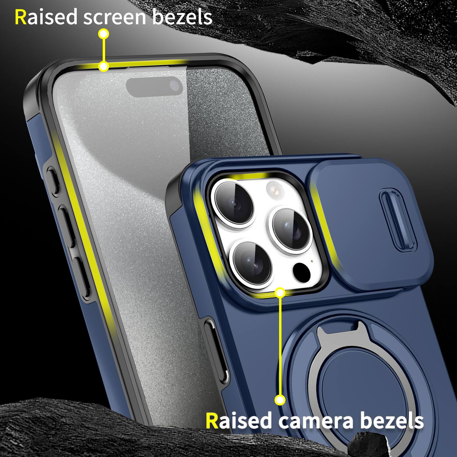 Raised screen bezels  
Raised camera bezels
