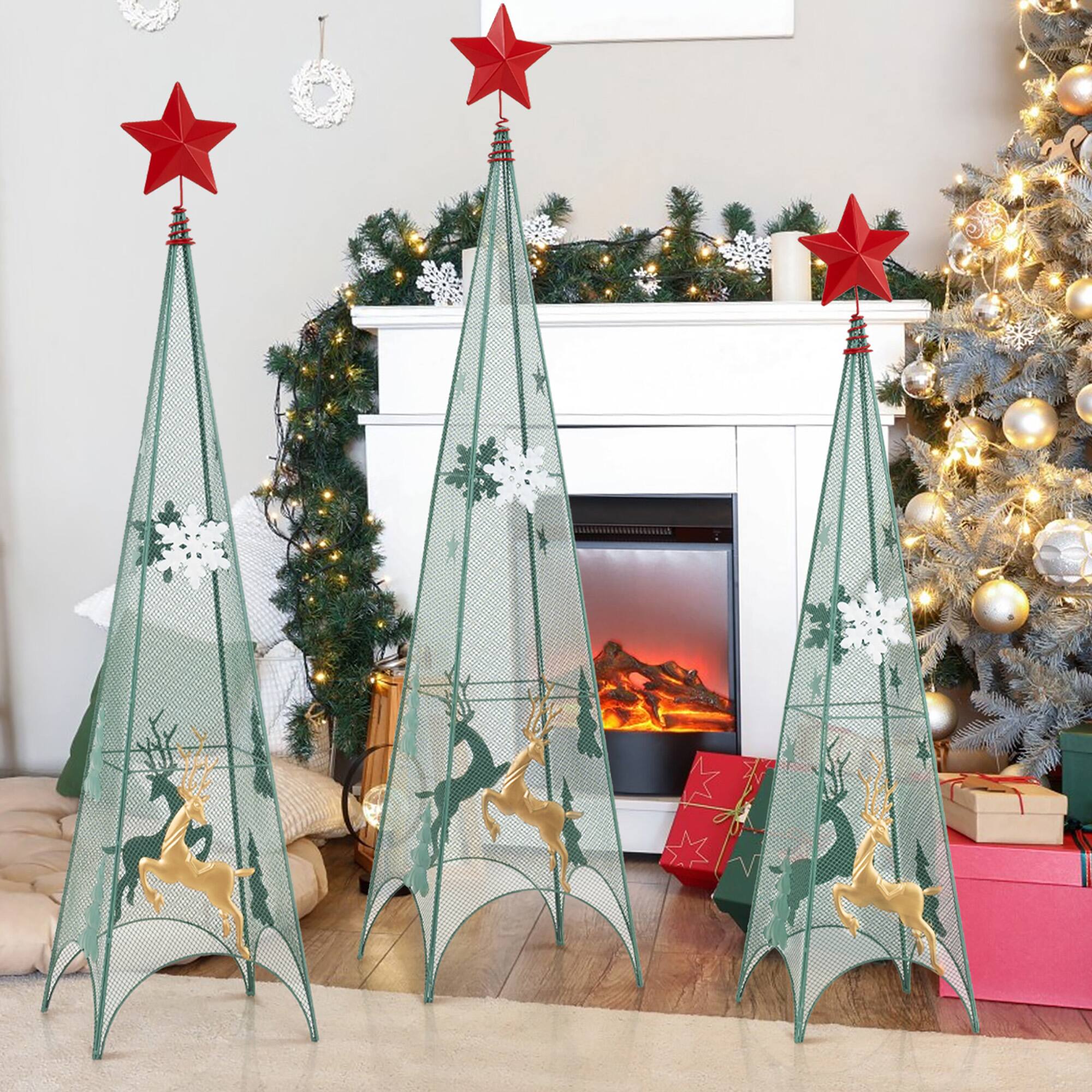 Alt View 1. Gymax - Gymax Set of 3 Tower Shaped Christmas Trees 3ft/3.5ft/4ft Artificial Xmas Metal - Green.