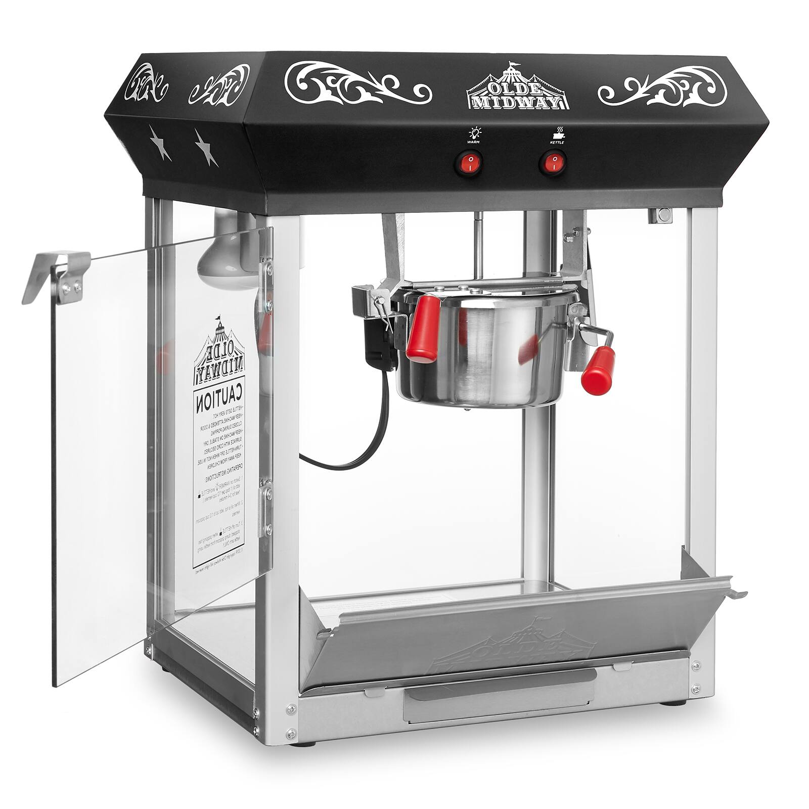 Sure, here is the corrected and grouped text from the image:

---

**Top Panel:**

- OLDE MIDWAY

**Left Side Panel:**

- OLDE MIDWAY
- CAUTION

**Control Panel:**

- (Icons for power and settings)

**Warning Label:**

- (Text is too small to read clearly, but typically includes safety warnings and instructions)

---

This text is grouped based on its location on the machine.