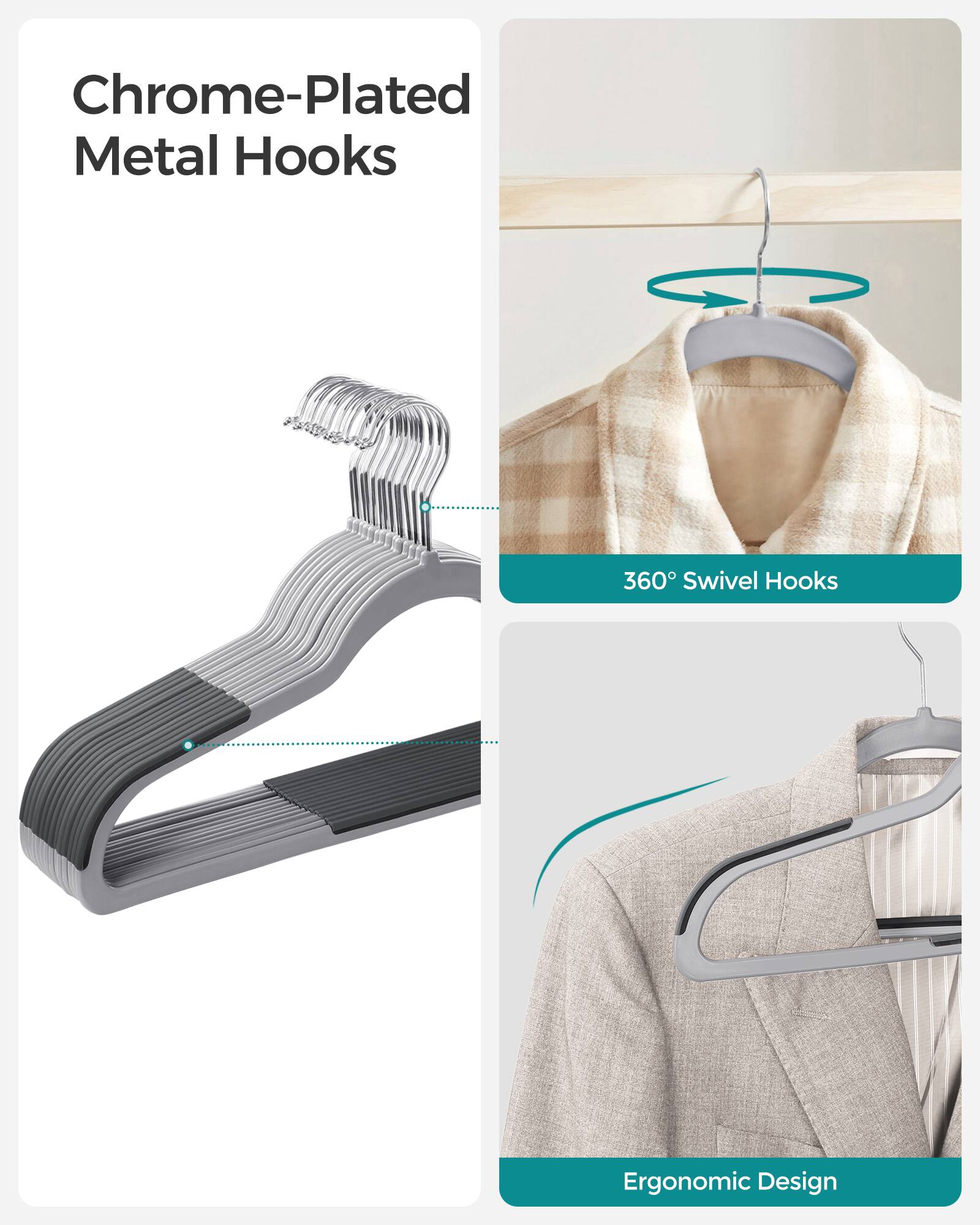 Chrome-Plated Metal Hooks  
360° Swivel Hooks  
Ergonomic Design