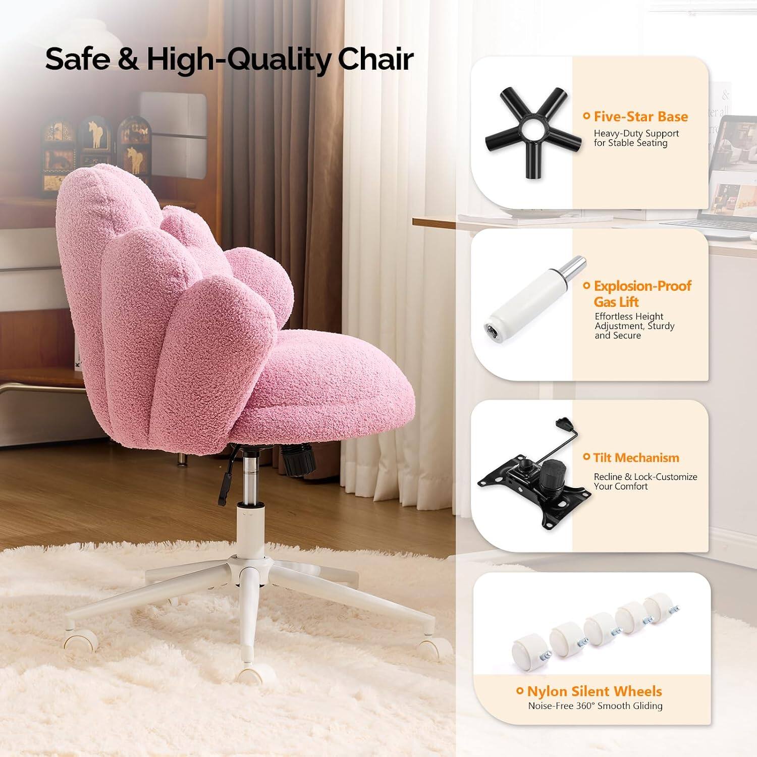 Safe & High-Quality Chair

- Five-Star Base
  Heavy-Duty Support for Stable Seating

- Explosion-Proof Gas Lift
  Effortless Height Adjustment, Sturdy and Secure

- Tilt Mechanism
  Recline & Lock - Customize Your Comfort

- Nylon Silent Wheels
  Noise-Free 360° Smooth Gliding