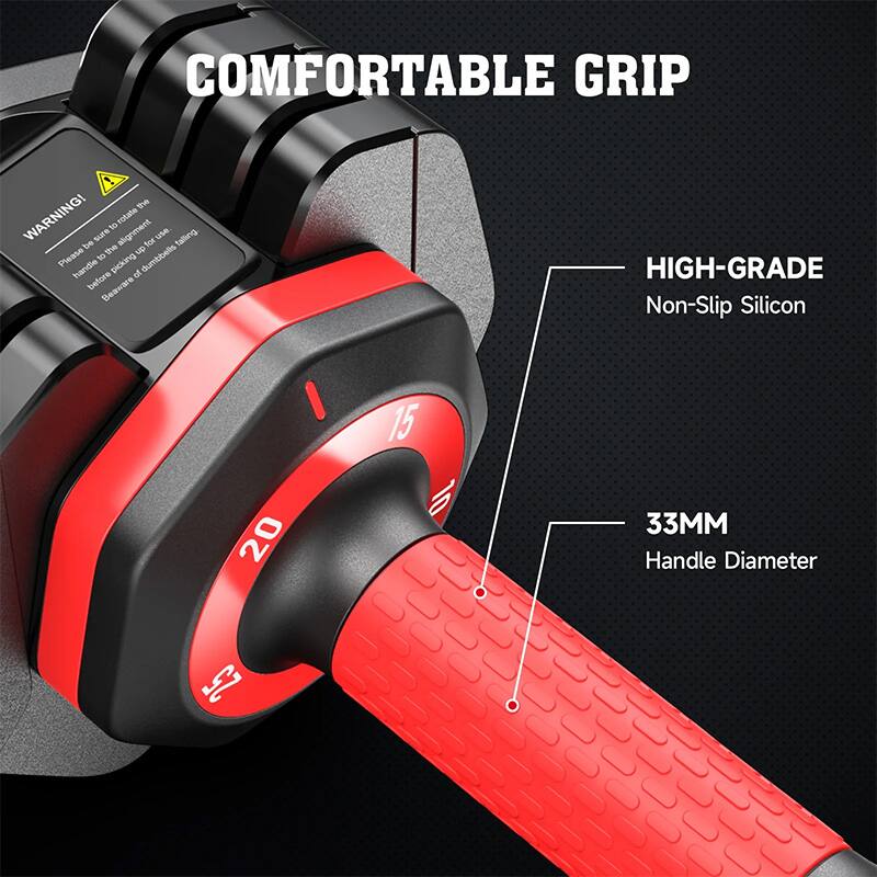 COMFORTABLE GRIP

WARNING! Please rotate to be sure alignment for use before picking up the dumbbells. Be aware of falling.

HIGH-GRADE Non-Slip Silicon

33MM Handle Diameter