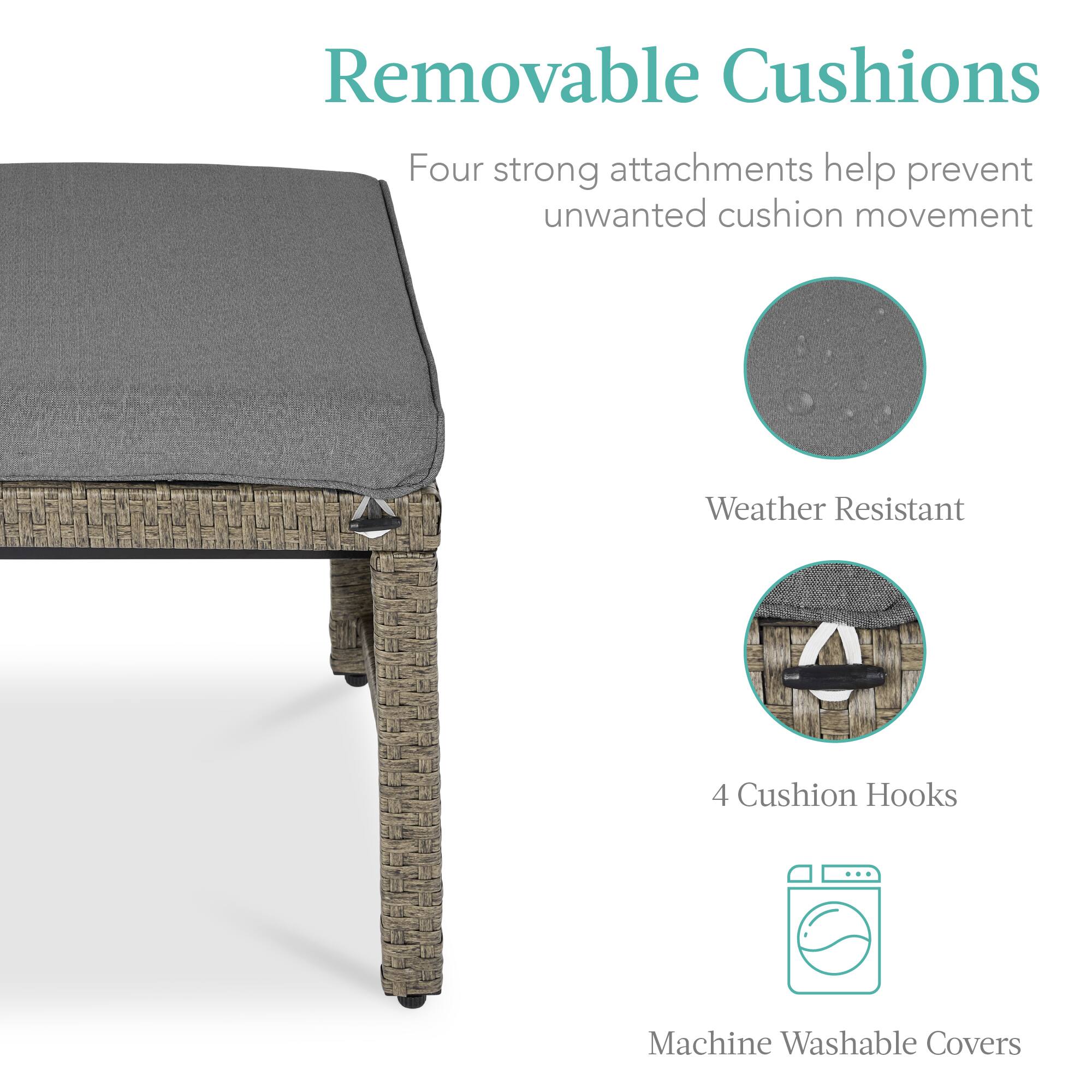 Removable Cushions

Four strong attachments help prevent unwanted cushion movement

Weather Resistant

4 Cushion Hooks

Machine Washable Covers
