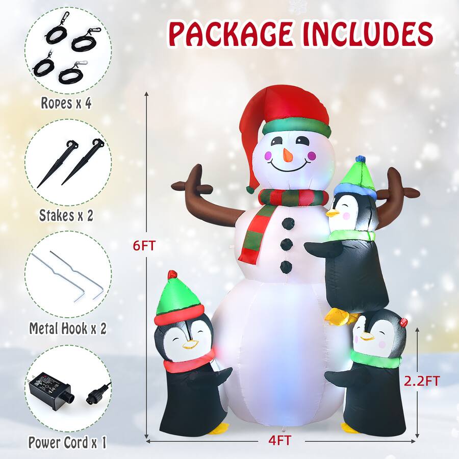 Costway 6ft Christmas Inflatable Snowman with Penguins Quick
