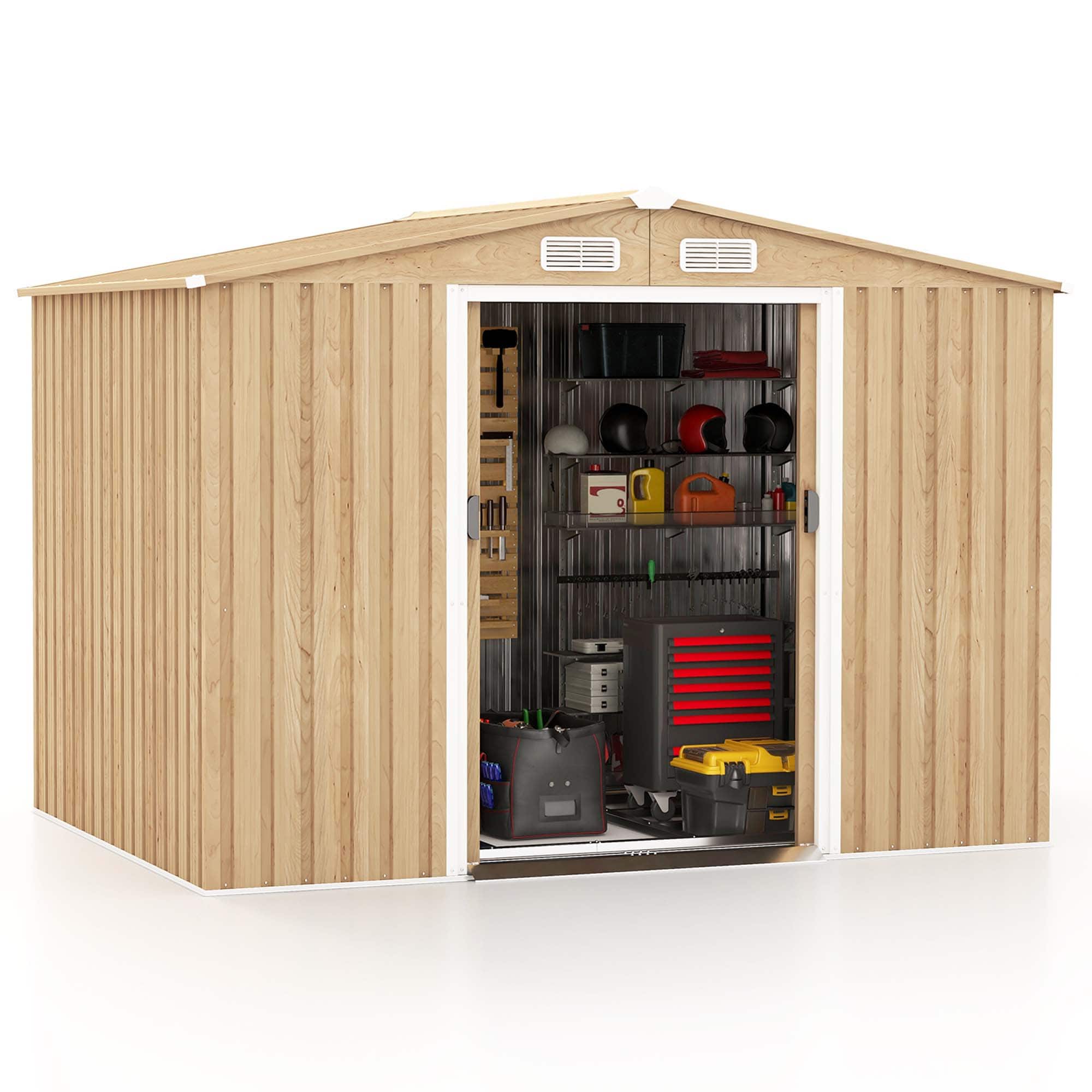Costway - 8 × 6 FT Outdoor Storage Shed Galvanized Steel Shed with Base Floor Wood Grain - Natural