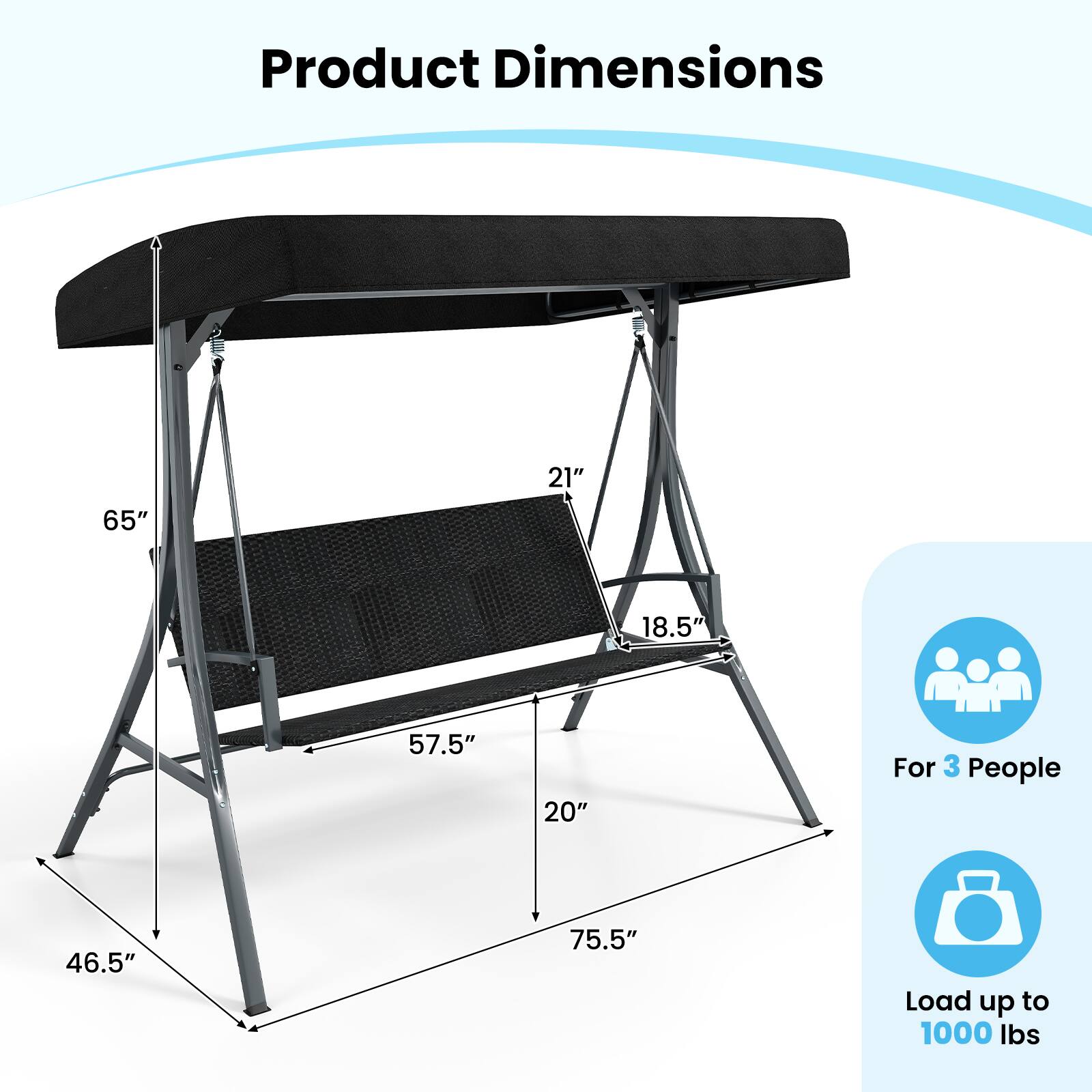 Alt View 2. Gymax - Gymax 3-Person Porch Swing w/ Stand w/ Rattan Seat Back Metal Frame Adjustable Shade - Black.