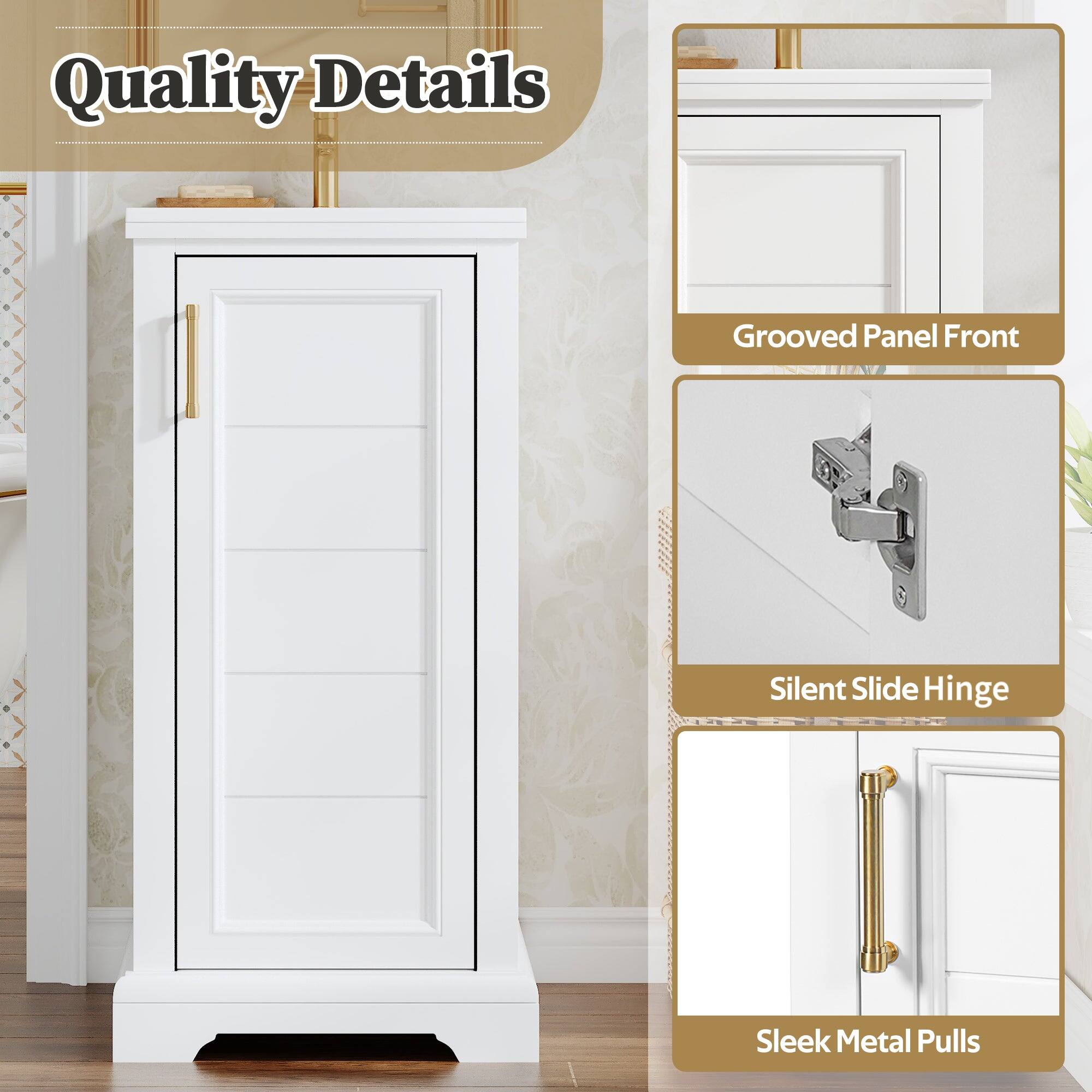Quality Details

- Grooved Panel Front
- Silent Slide Hinge
- Sleek Metal Pulls