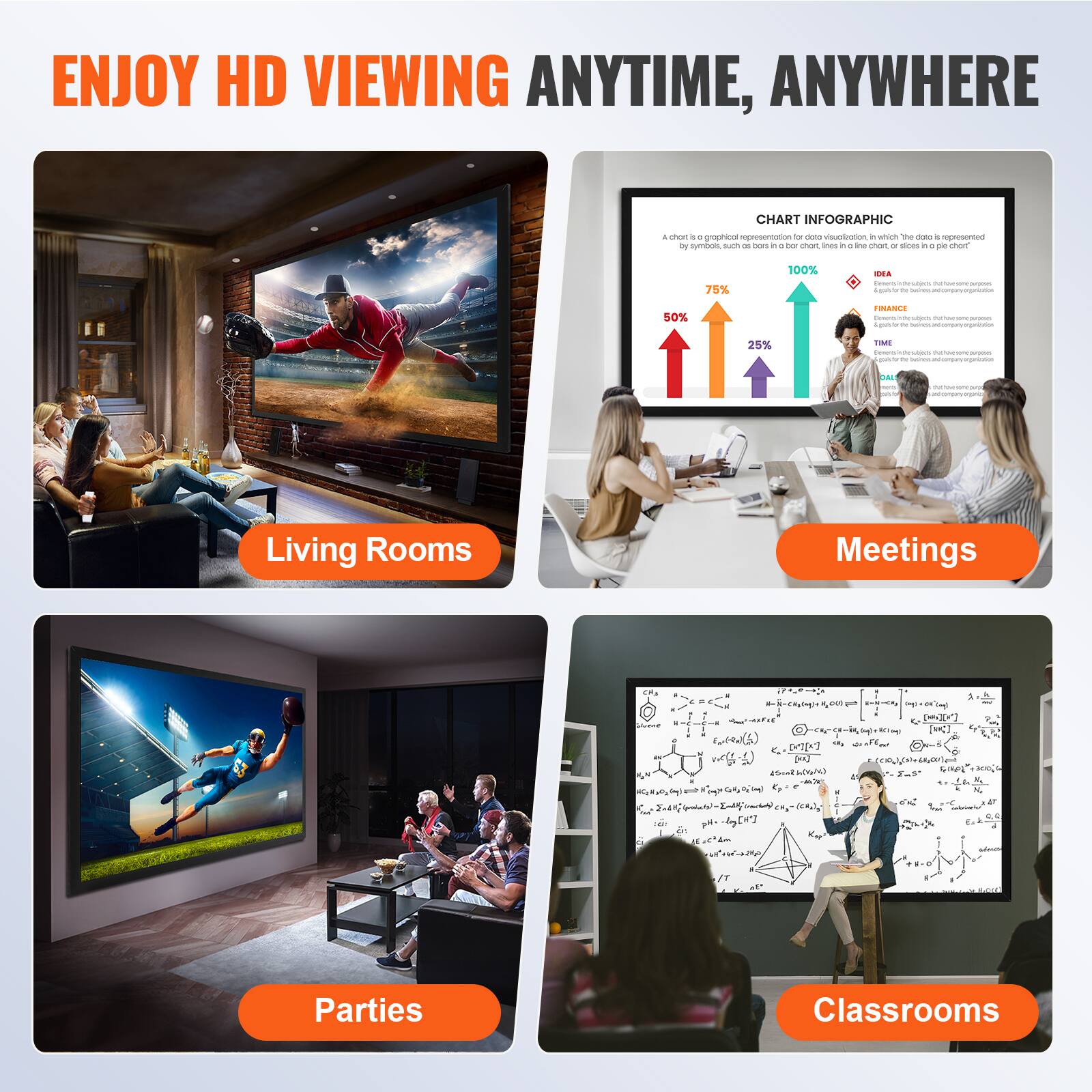 ENJOY HD VIEWING ANYTIME, ANYWHERE

- **Living Rooms**
- **Meetings**
- **Parties**
- **Classrooms**

**CHART INFOGRAPHIC**
A chart is a graphical representation of data visualization which is represented by symbols, such as bars in a bar chart, lines in a line chart, or slices in a pie chart.

- 75% SEA
- 100% IDEA
- 50% FINANCE
- 25% TIME